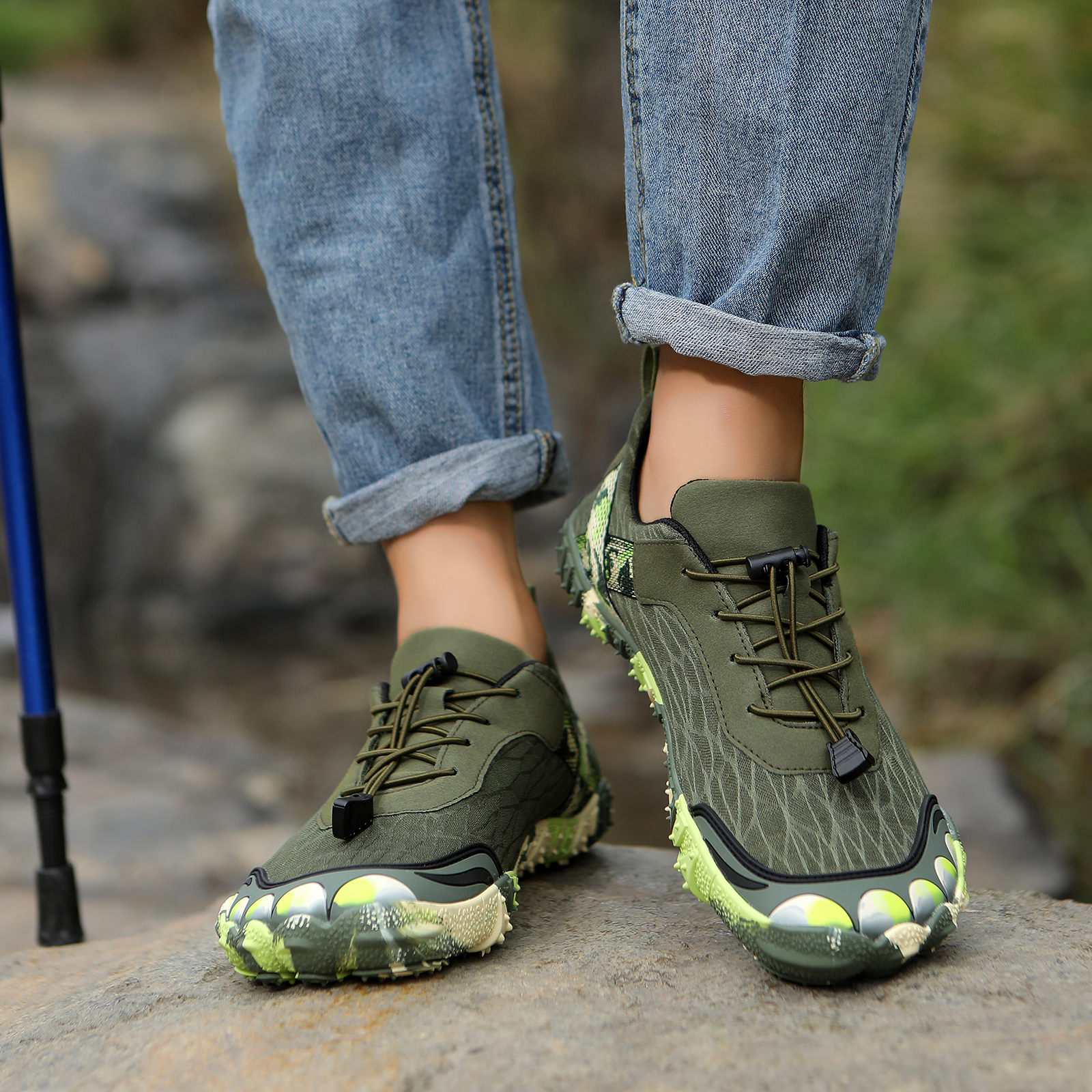 thumbnail video image 2 of LXSO Wide-Toe Outdoor Shoes for Men Women, Breathable Space Layer Mesh Hiking Shoes Non-Slip Bionic 5-Toe Trail Sneakers for Climbing Cycling Water Activities, 2 of 11