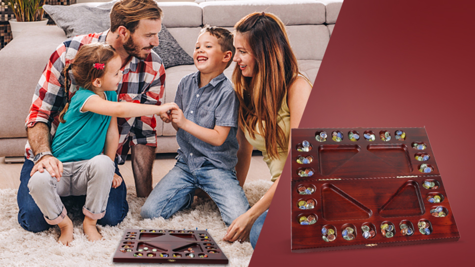 thumbnail video image 2 of GSE Games & Sports Expert 4-Player Folding Mancala Board Game with Multi-Color Glass Stones. Family Travel Set for Family Party, Kids and Adults (Mahogany), 2 of 8
