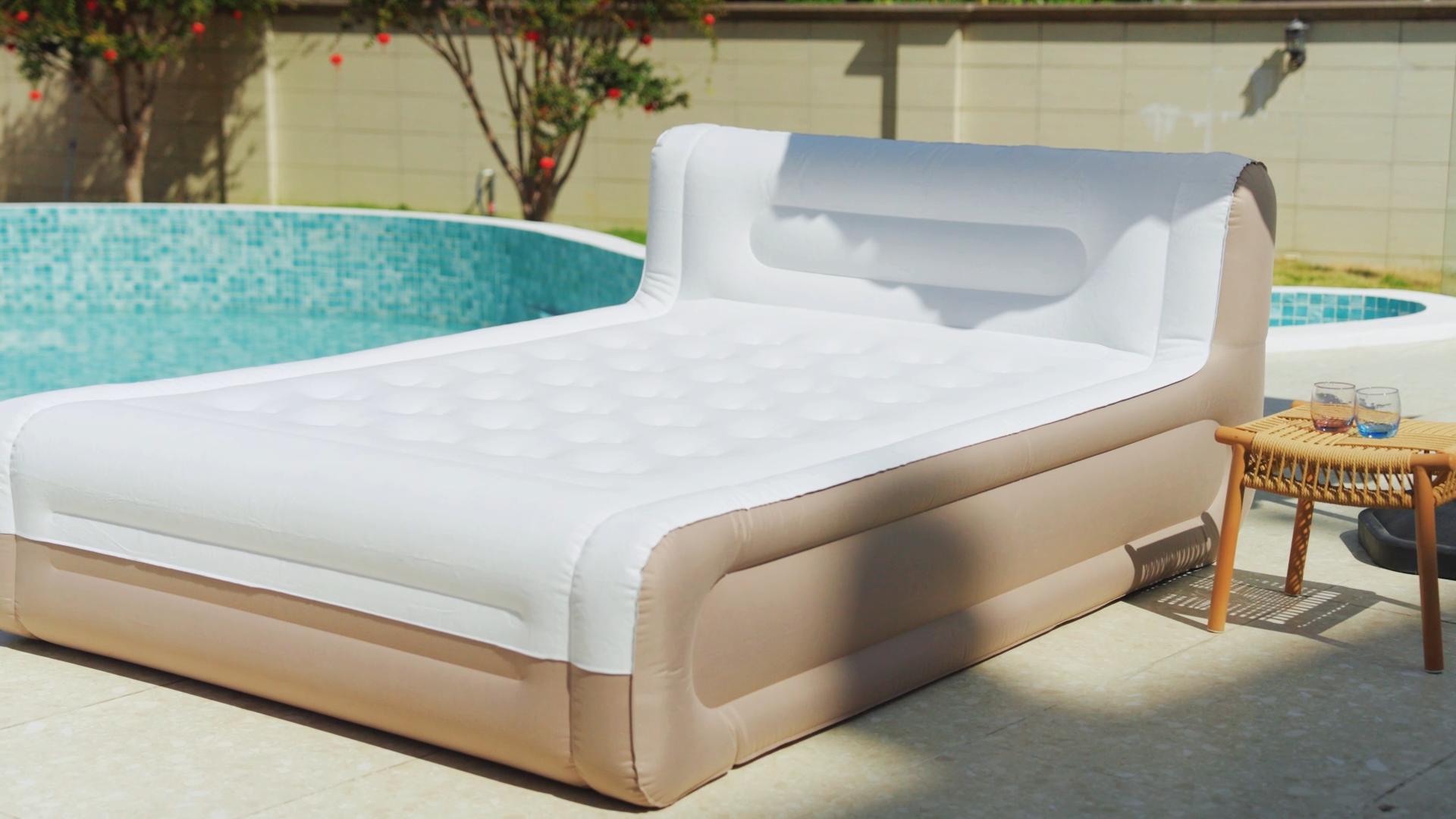 thumbnail video image 2 of Queen Air Mattress with Headboard,Built in Pump,18”Self Inflating Air Bed for Family Guest Travel Camping,Khaki, 2 of 10