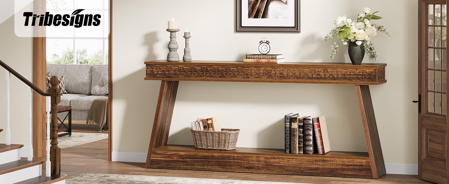 thumbnail video image 2 of Tribesigns 70.87-Inch Entryway Table, Narrow Console Table with Storage, Dark Brown, 2 of 10