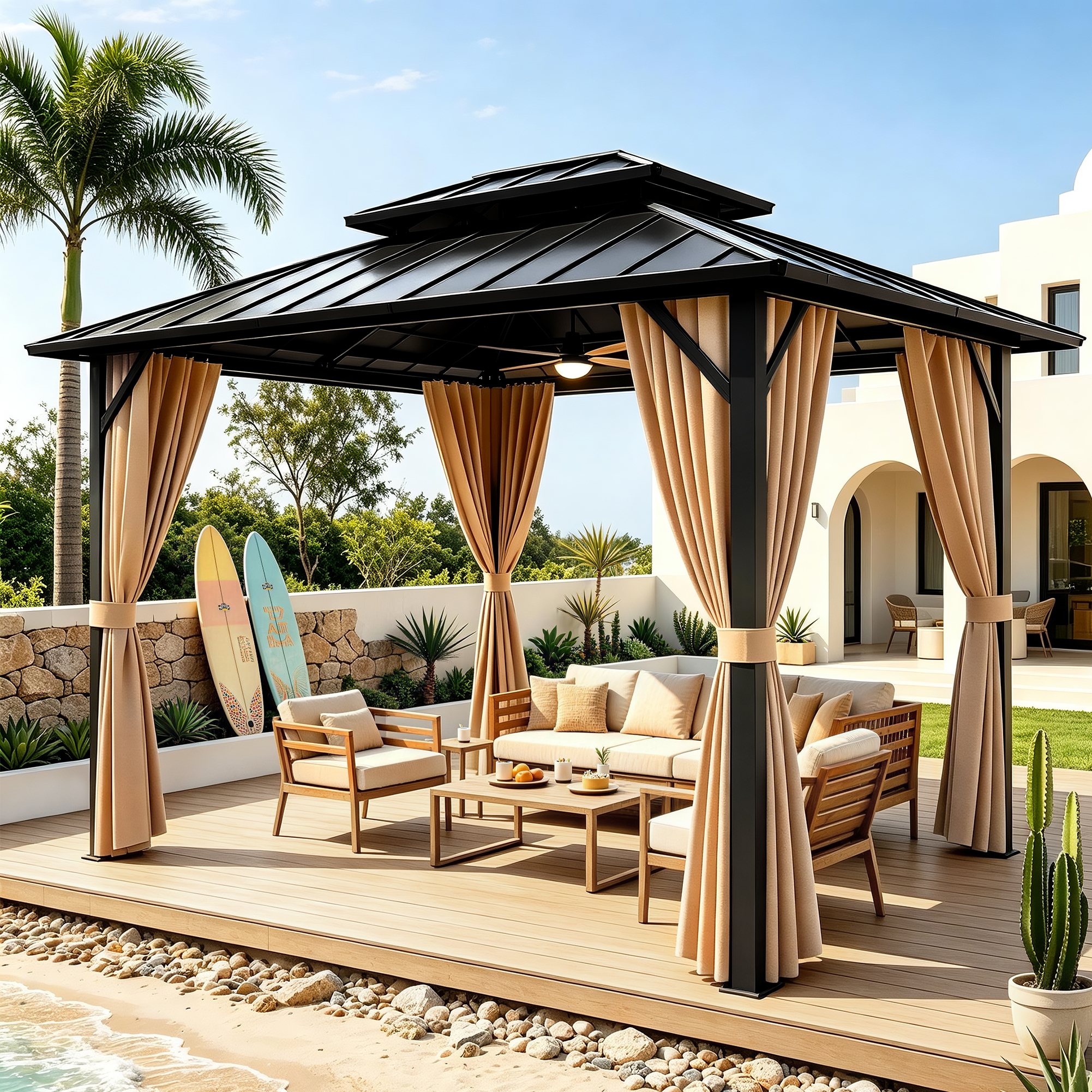 thumbnail video image 2 of Funride 10x12 ft Hardtop Gazebo, Galvanized Steel Double Roof with Curtains and Netting, Sturdy Aluminum Tri-Frame, for Garden, Patio, 2 of 10