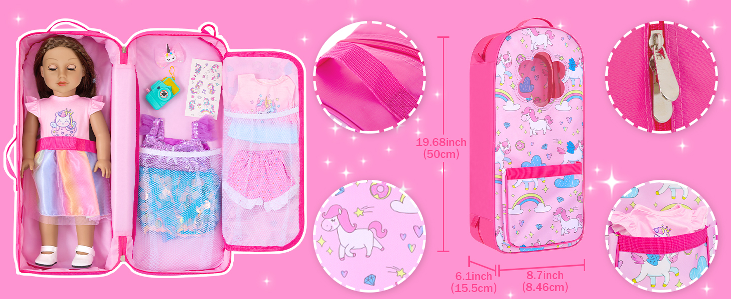 thumbnail video image 2 of ZITA ELEMENT 18 Inch Doll Storage Bag - 5PCS Unicorn Theme 18in Doll Accessories Set with Rainbow Dress, Hair Clip, Camera, Stickers & Fashion 18 Inch Dolls Carrier Bag | Perfect for 18" Dolls, 2 of 8