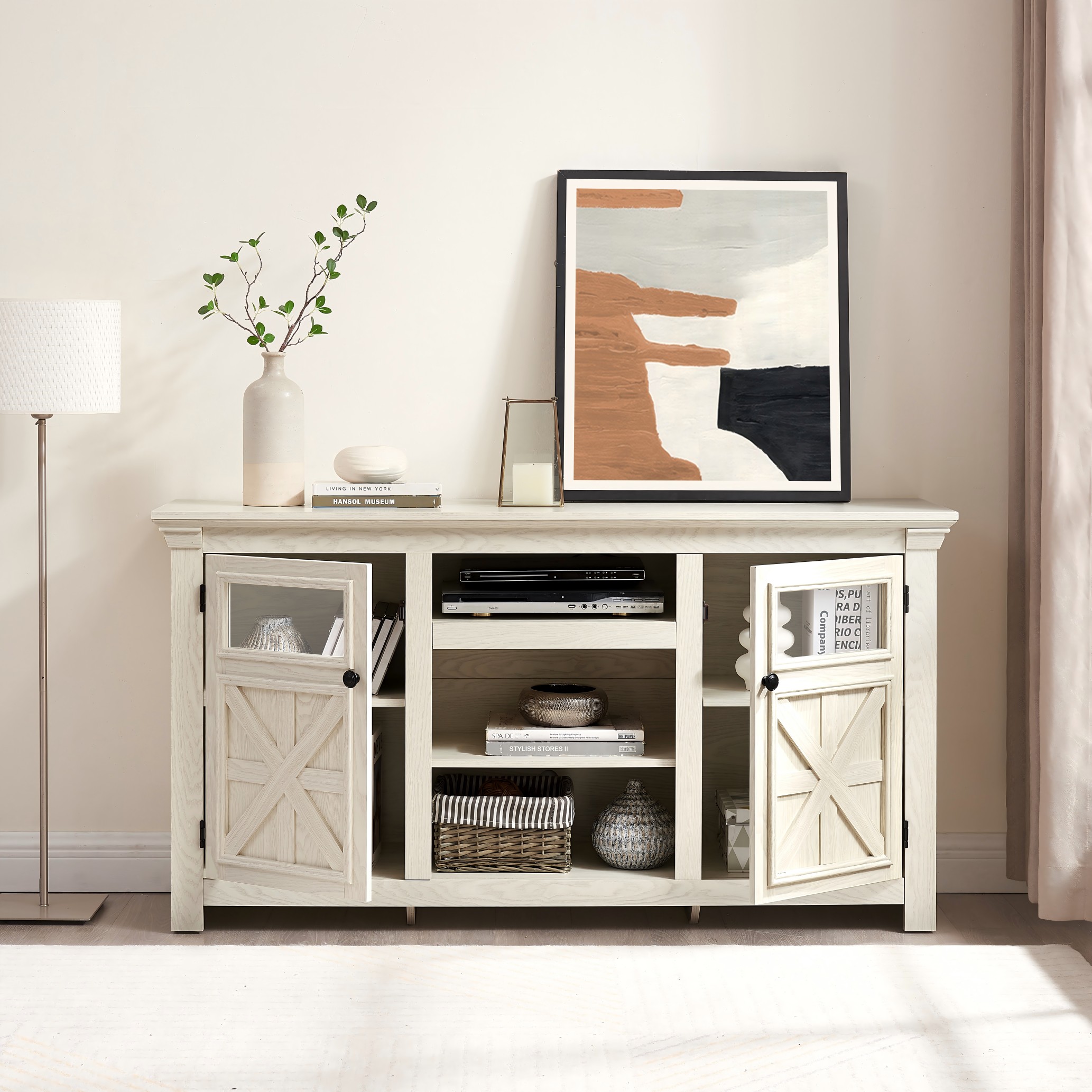 thumbnail video image 2 of Farmhouse TV Stand for 70 Inch TV, Entertainment Center with Storage, 60" Rustic TV with Glass Barn Doors, Modern TV Stand Console for Living Room, Adjustable Shelf, 2 of 8