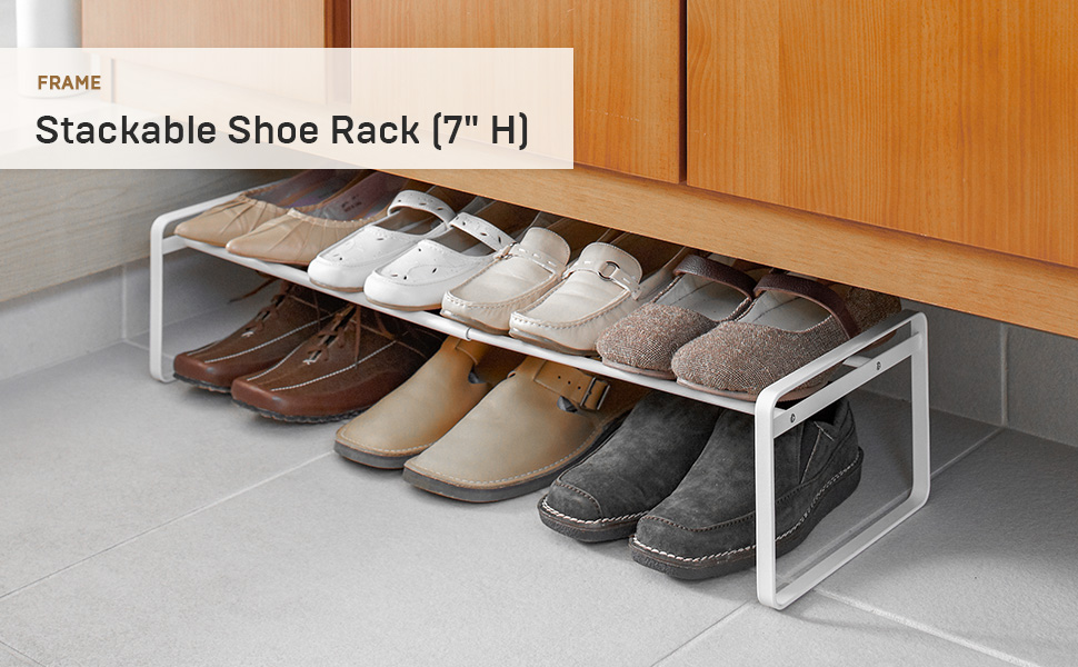 thumbnail video image 2 of Yamazaki Home Stackable Shoe Rack, White, Steel,  Holds up to 4 pairs of shoes per shelf, Supports 6.6 pounds, Expandable, Stackable, 2 of 7