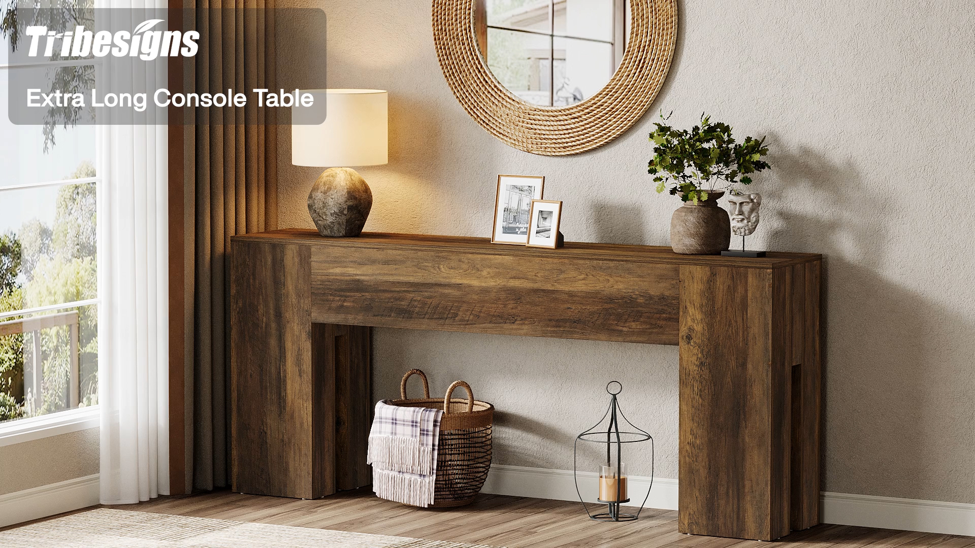 thumbnail video image 2 of Tribesigns 71-inch Long Console Table for Entryway, Farmhouse Sofa Console Behind Couch, Rustic Brown, 2 of 11