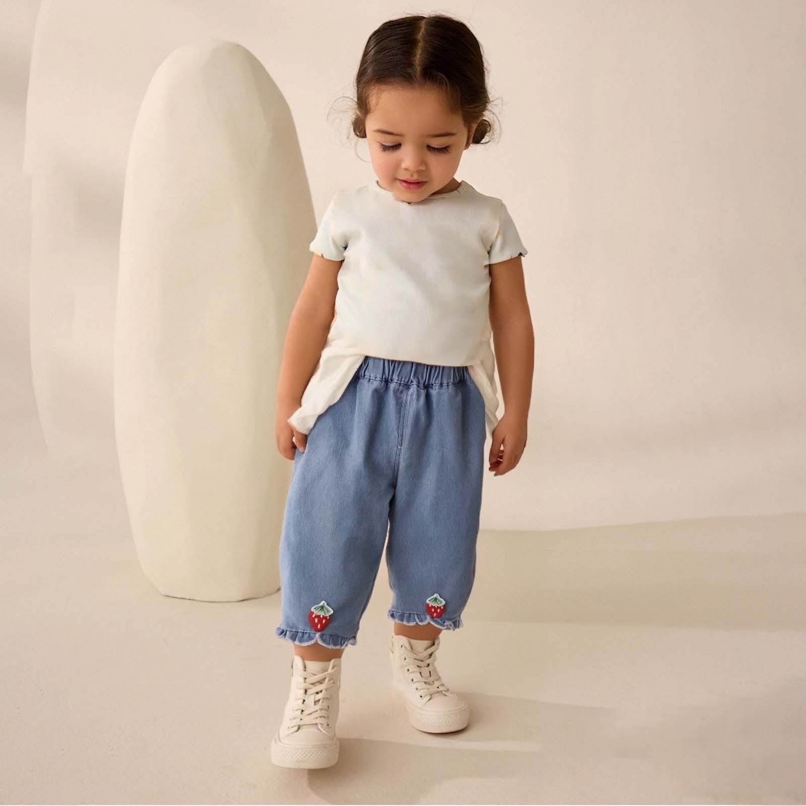 thumbnail video image 2 of JLMSPLWG Baby Girl Preppy Jeans with Strawberry Ruffled Hem Toddler Wide Leg Pants Newborn Trendy Personalized Soft Denim Jean Trousers Cute Elastic Waist Pants Kids Clothes, 2 of 10