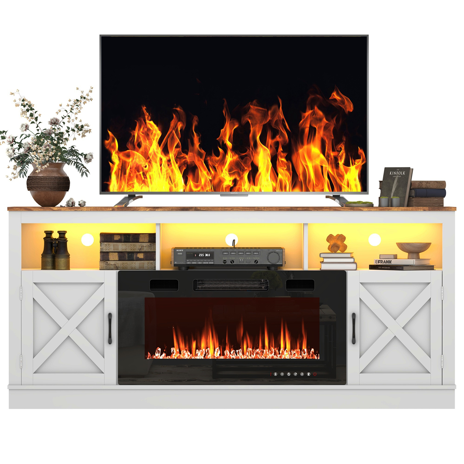 thumbnail video image 2 of ChVans Fireplace TV Stand for TVs up to 80" with 36" Electric Fireplace, Farmhouse Entertainment Center with LED, Wooden Media Console for Living Room, Bedroom, 2 of 9