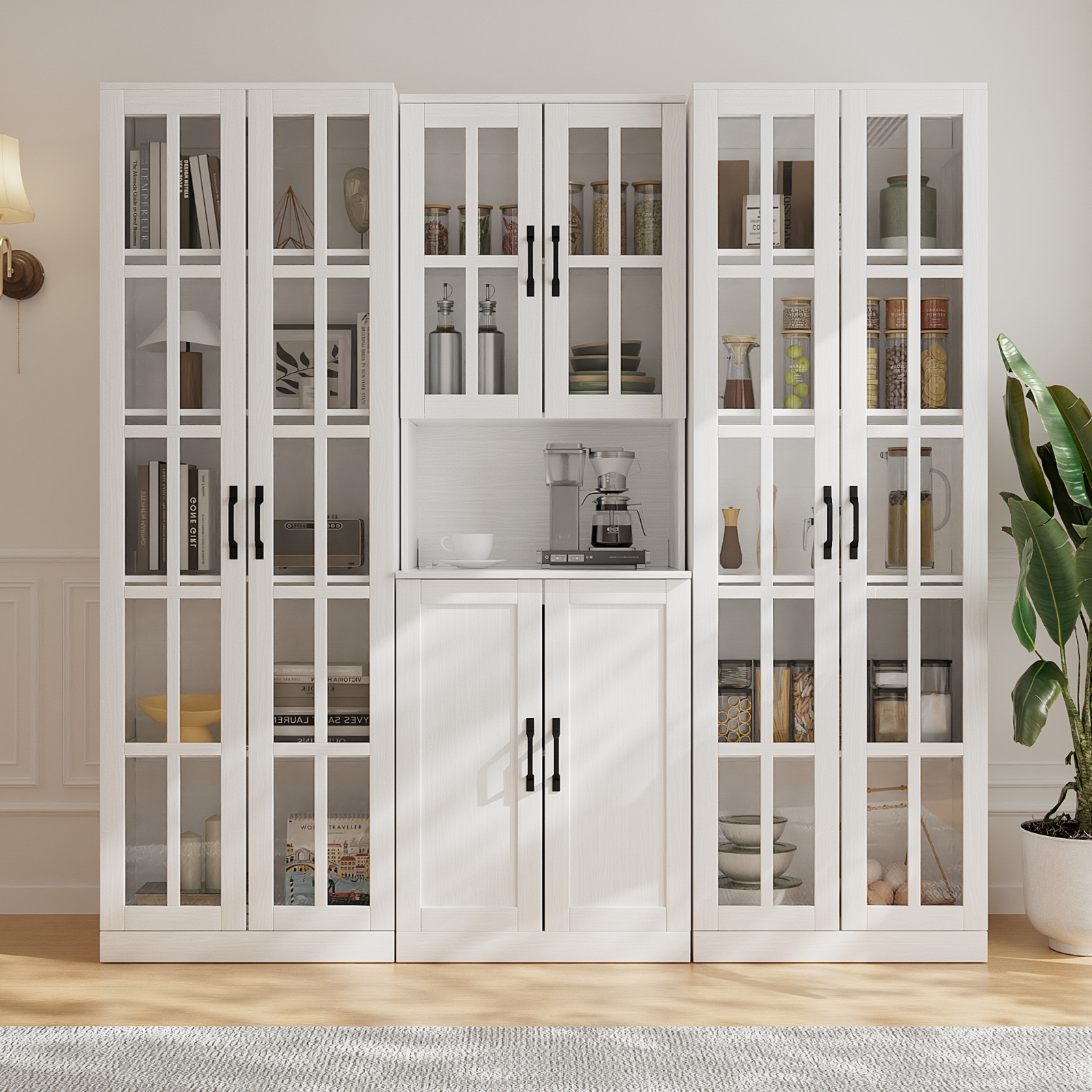 thumbnail video image 2 of RichYa 3Pcs Grid Bookcases Set with Glass Doors,Tall Bookshelves with Storage,5-Tier Modular Cabinets for Home Office Living Room,White(AEA), 2 of 11