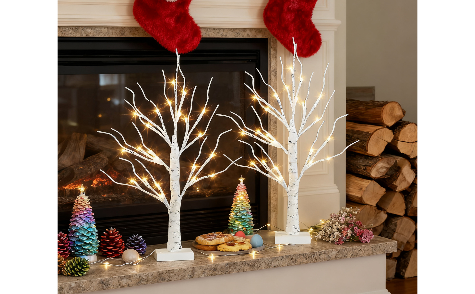 thumbnail video image 2 of FoikYoik Christmas Tree Lamp Decoration 2FT Birch Tree with Lights 24 LED Fairy Light Table Decor 2 Pack for Christmas Indoor Wedding DIY, 2 of 13