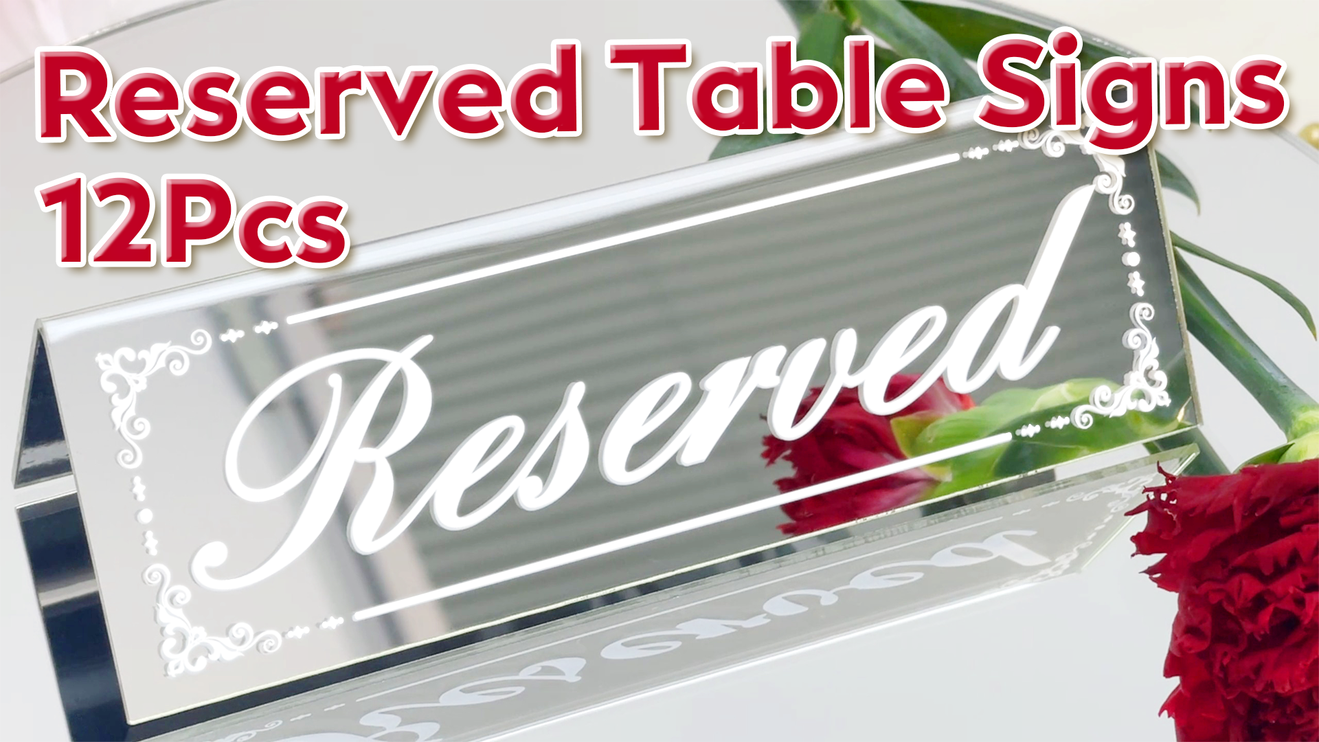 thumbnail video image 2 of Framokoko 12 Pcs Mirrored Reserved Table Signs, Double Sided Table Tent Signs with Suede Cloth, Reservation Seat Indicators for Wedding Restaurant Ceremony Party Banquet  (Silver 6"x2"), 2 of 7