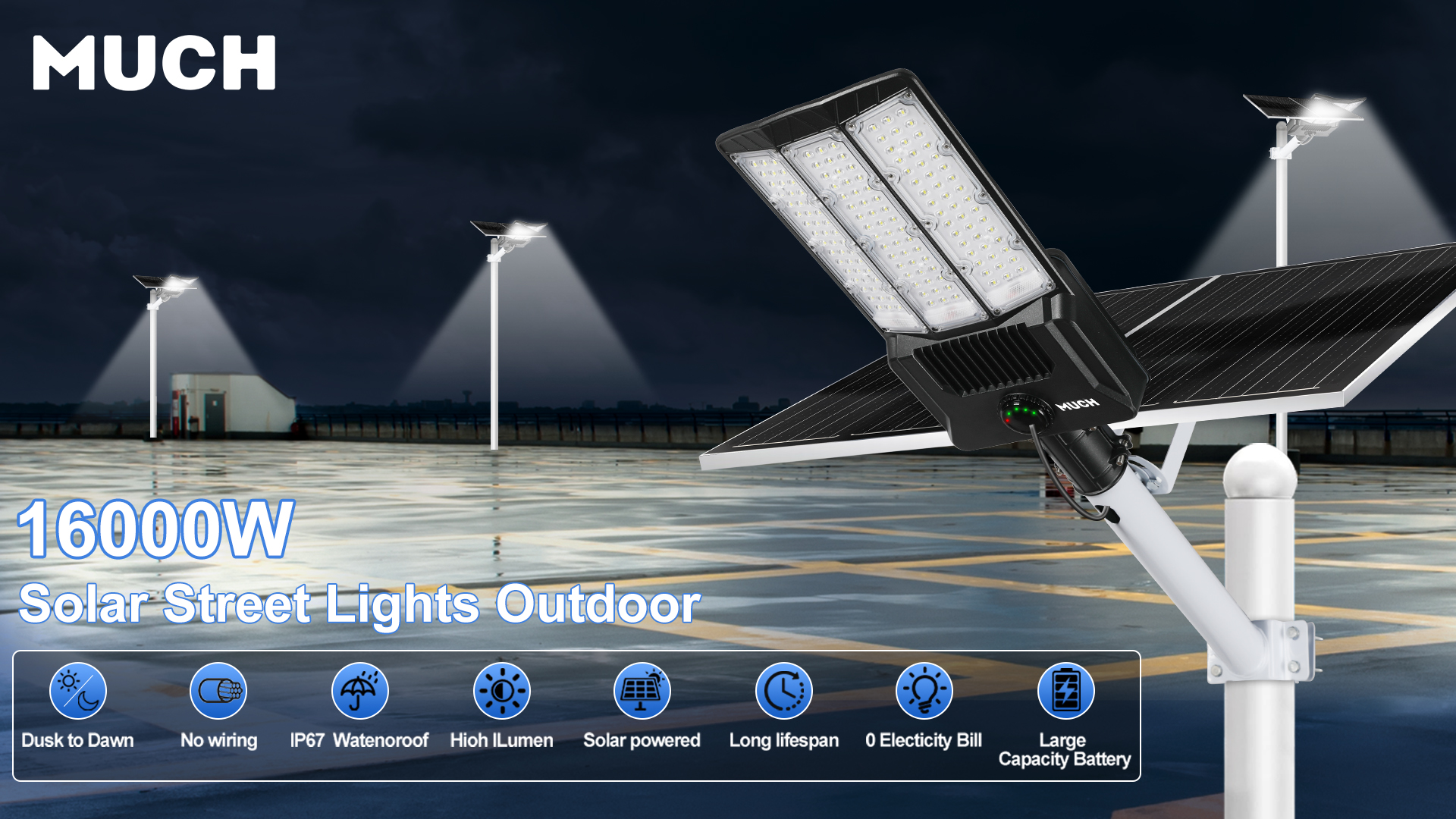 thumbnail video image 2 of MUCH 16000W Solar Street Light with Dual Solar Panels,50000mAh Outdoor Security Flood Lights,Large LED,IP67 Dusk to Dawn for Parking Lot,Patio,Courtyard, 2 of 11