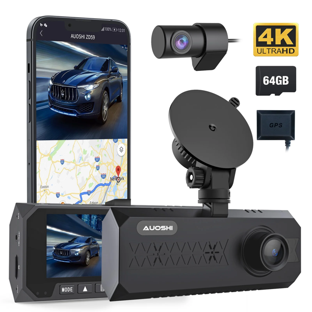 4K 3-Channel Dash Cam With GPS - Front (2K) + Interior + Rear Cameras, IR Night Vision, 3.16" Screen, G-Sensor, Parking Monitor