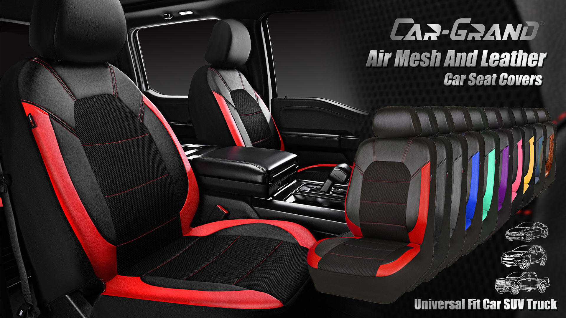 thumbnail video image 2 of CAR GRAND Leather car seat covers front pair air mesh breathable universal fit airbag compatible car, SUV, truck and van, all black, 2 of 7