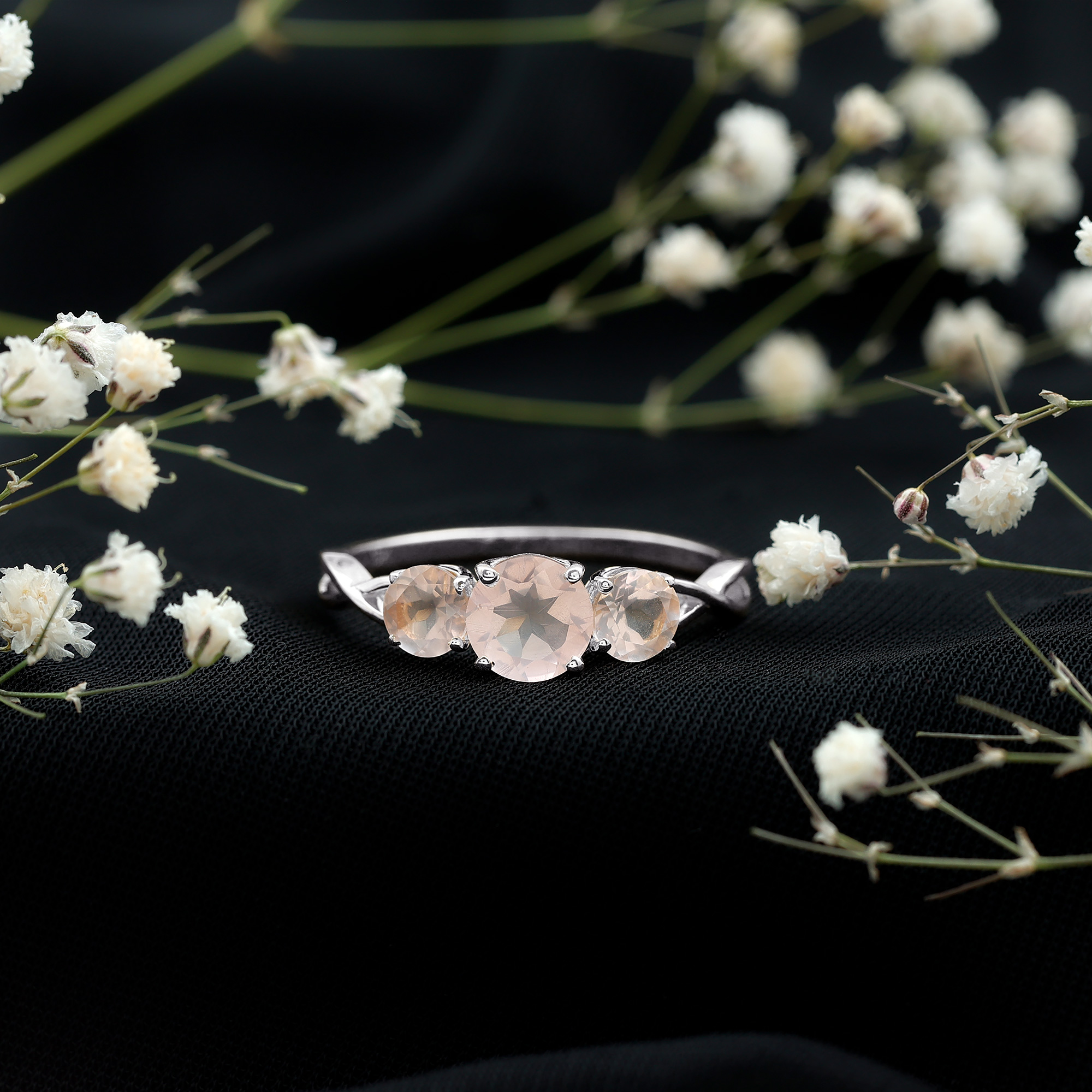 thumbnail video image 2 of Rosec Jewels Three Stone Ring - Round Cut Rose Quartz Crossover Ring for Women (AAA Grade), 925 Sterling Silver, US 4.00, 2 of 9