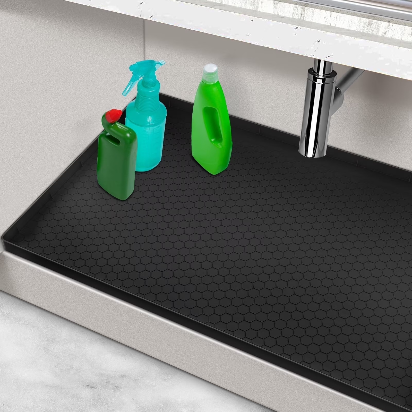 thumbnail video image 2 of Waterproof Silicone Under Sink Mat with Lip for Kitchen and Bathroom, Under Kitchen Sink Mats and Protectors for 34" x 22" Cabinets, Under Sink Tray Organizer, Shelf Liners Cabinet Liner, Black, 2 of 10