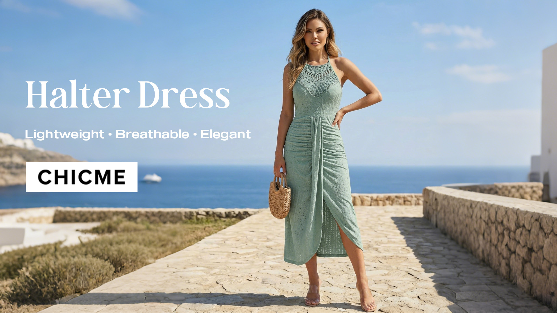 thumbnail video image 2 of CHICME Dresses for Women Solid Color Halter Hollow Out Sleeveless Eyelet Embroidery & Side Slit A Line Vacation Summer Dress Green-XXL, 2 of 9