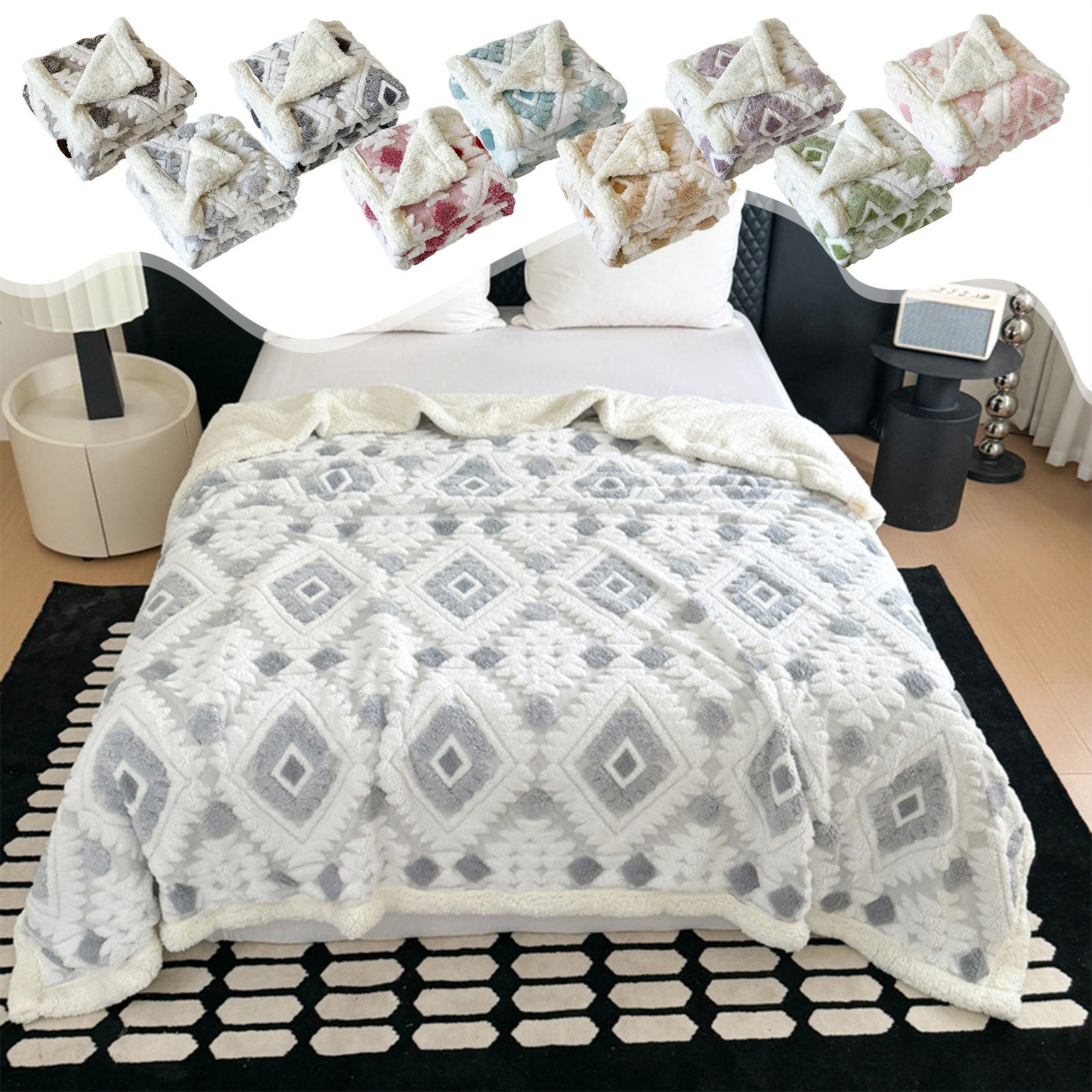 thumbnail video image 2 of Large Cationic Hollow Taffeta Lambswool Blanket, Double Layer Warm Cover Blanket, Soft Embroidered Blanket for Office Home Sofa Bed, Ideal for Naps and Relaxation, Silver, 1pc, 2 of 3