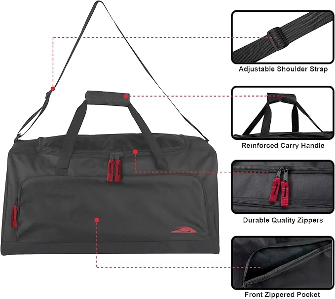 thumbnail video image 3 of 24 Inch 55 Liter Weekender Overnight Duffel Shoulder Bag for Men, Women, Teens, Gym, Travel, Sports and Recreation in Black with Red Accents, 3 of 10