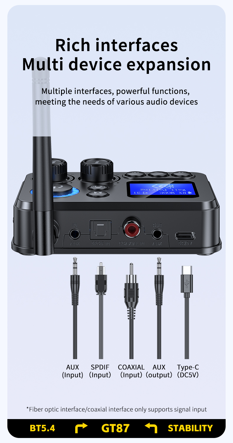 thumbnail video image 2 of 20M Bluetooth 5.4 Audio Adapter (RX/TX Mode) - Wireless for Speaker/Microphone, Supports AUX/RCA/Coaxial, Ultra-Portable for Flights, 2 of 15