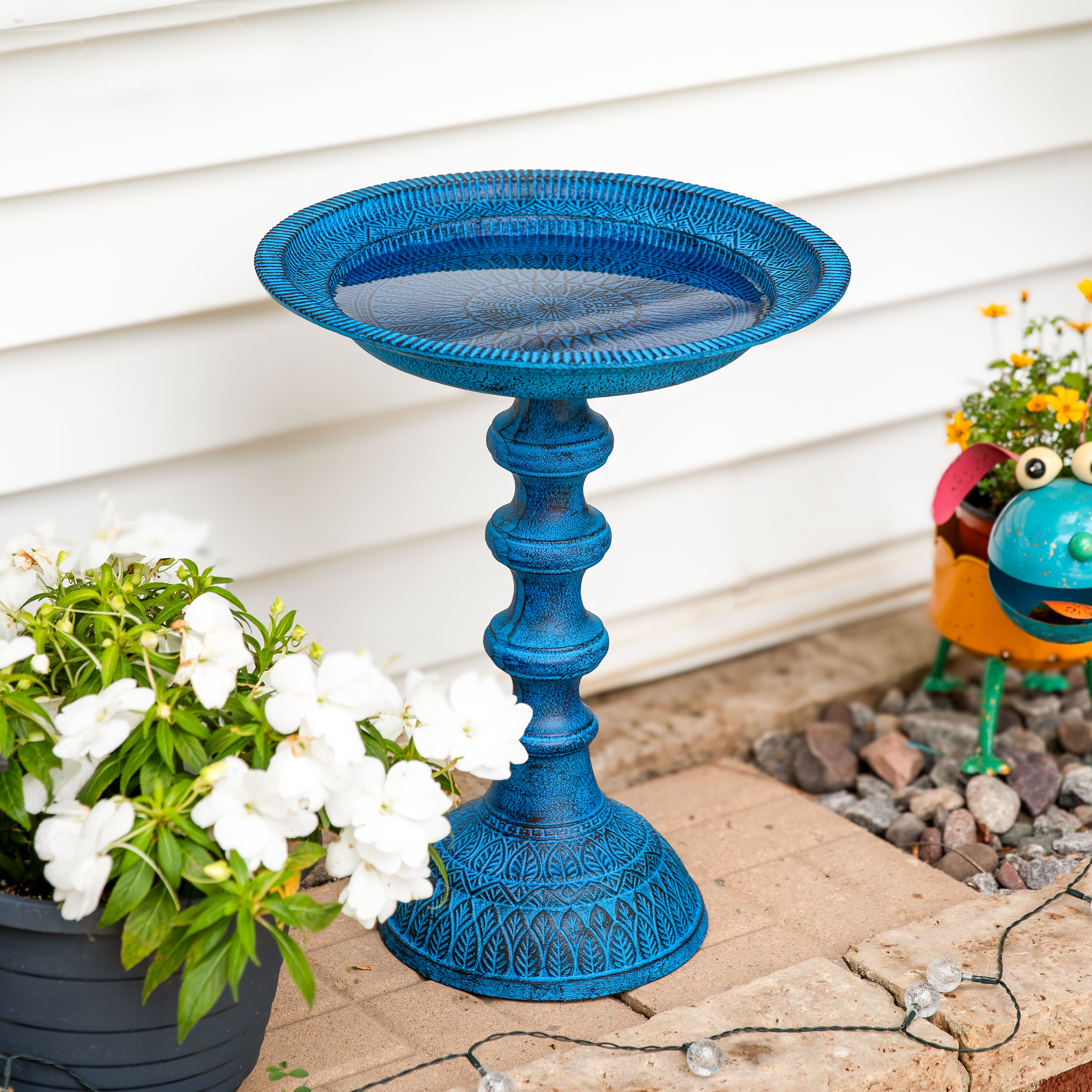 thumbnail video image 2 of Sunnydaze Backyard Beauty Freestanding Cast Aluminum Outdoor Bird Bath, Green Patina, 2 of 13