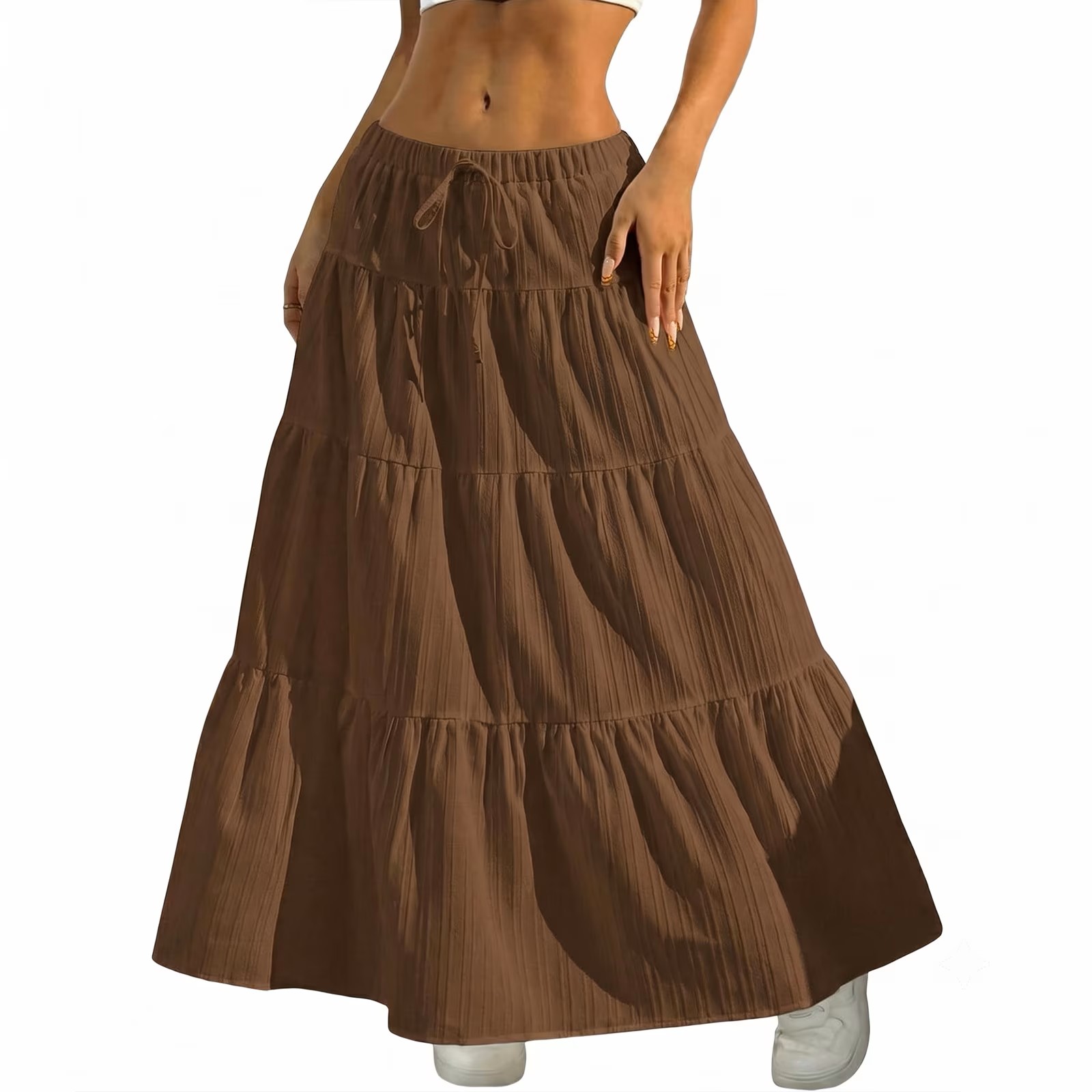 thumbnail video image 2 of JIRNYORLL Womens Boho Flowy Maxi Skirt Ruffle Tiered Elastic Waist 2026 Fall 2026 Fall Beach Vacation Casual Long Skirts, Brown S, 2 of 7