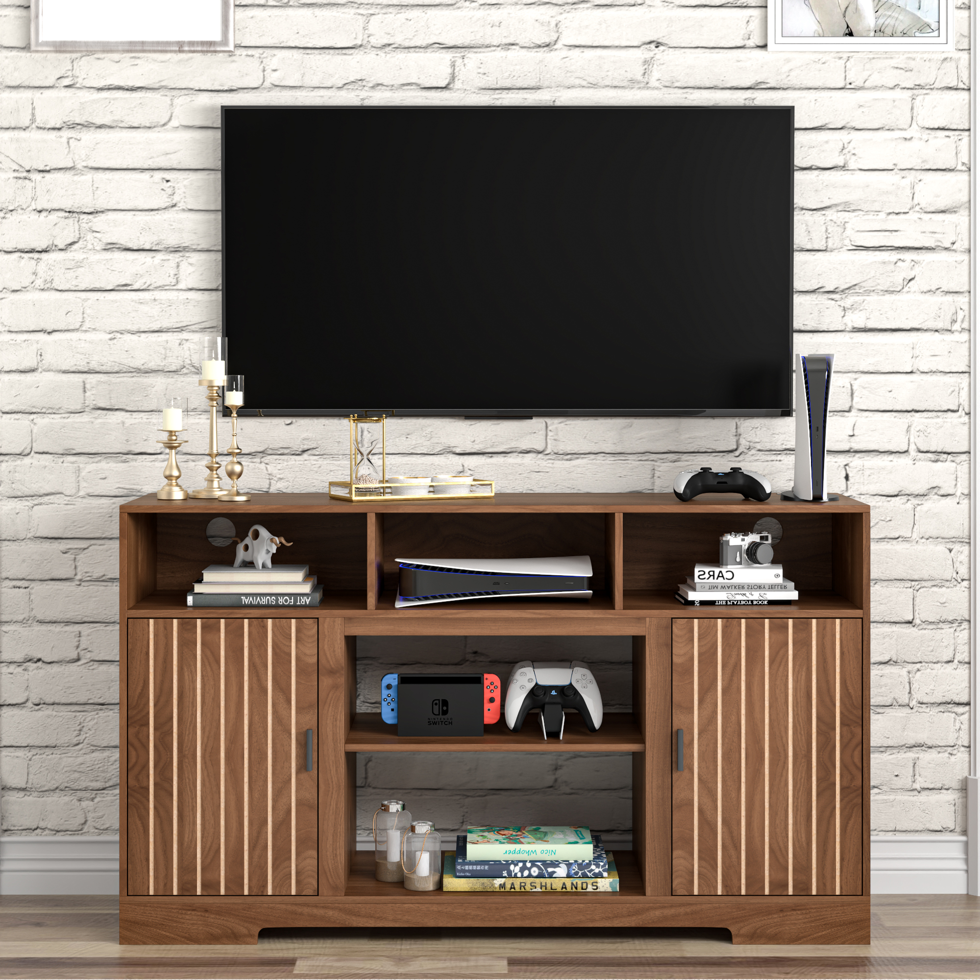 thumbnail video image 2 of Oubayajia Farmhouse TV Stand for 65 Inch TVs, Media Console Cabinet with Storage & Adjustable Shelf, 2 of 8