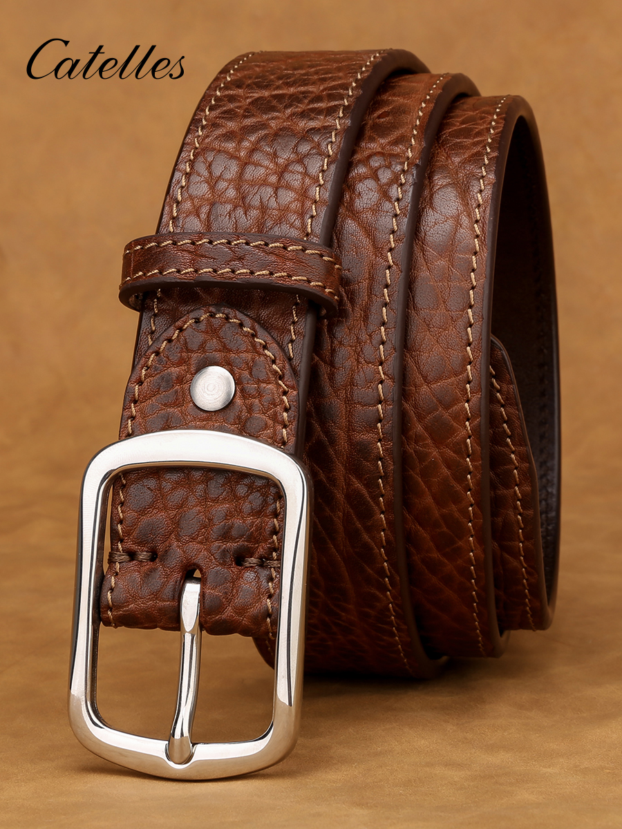 thumbnail video image 2 of Catelles Men's Camel Genuine Leather Belt Stainless Steel Buckle, Perfect for Casual and Formal Occasions Gift by Box&For waist 44 In Width 1.5 In(3.8cm), 2 of 9