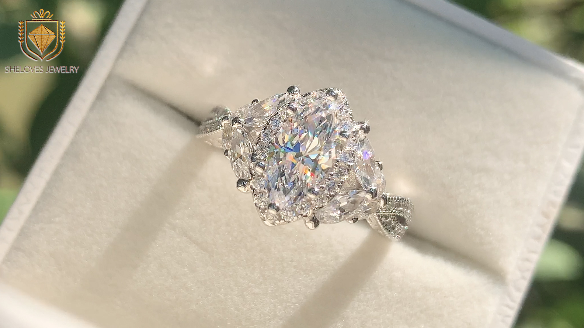 thumbnail video image 2 of SHELOVES 1.7ct Marquise Cluster Halo Wedding Engagement Rings For Women Art Deco AAAAA CZ 925 Sterling Silver Size 5, 2 of 7