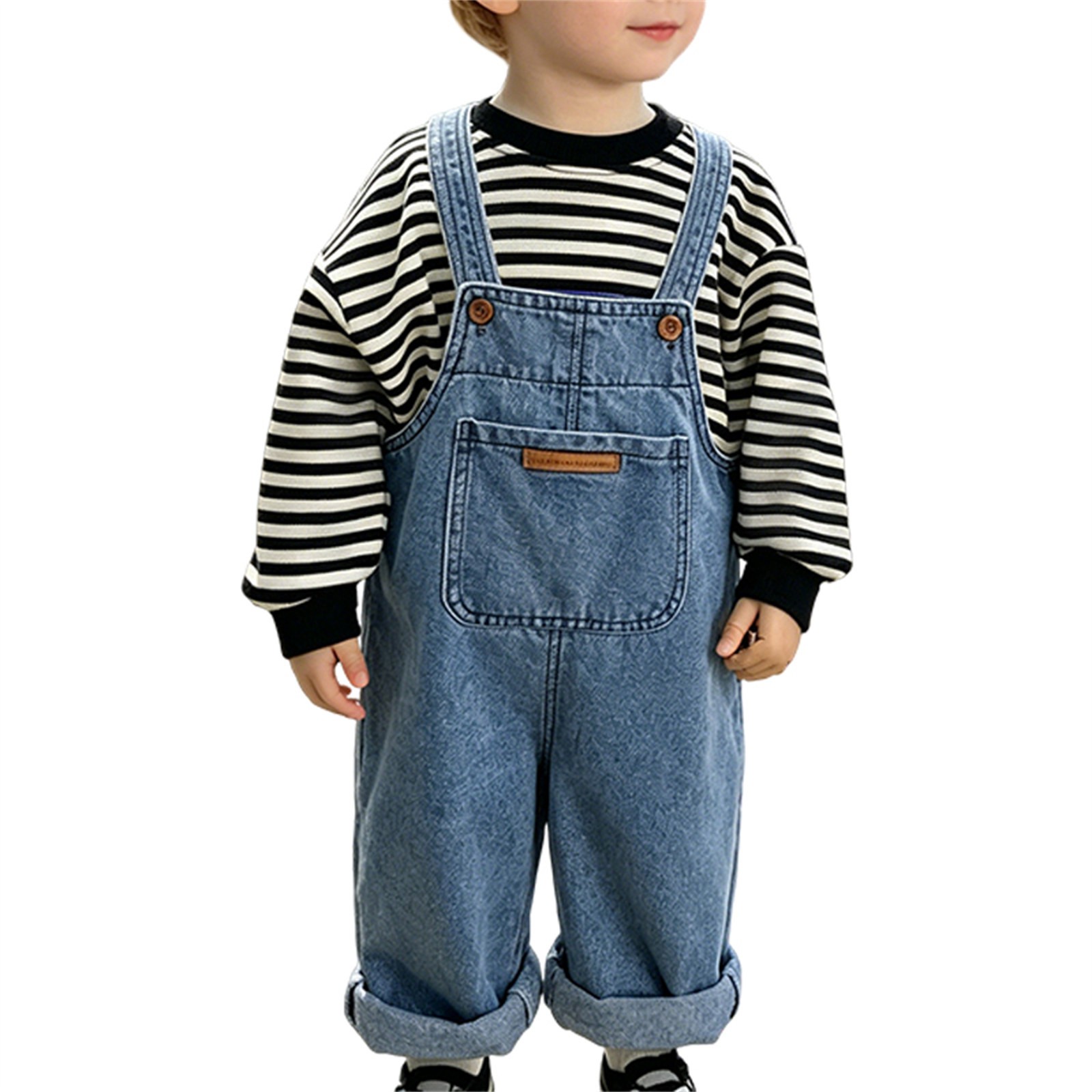 thumbnail video image 2 of Ruyang Denim Overalls for Toddlers Rolled Hem Adjustable Strap Loose Rompers Kids Boys Girls Trendy Casual Pantalones, 2 of 8