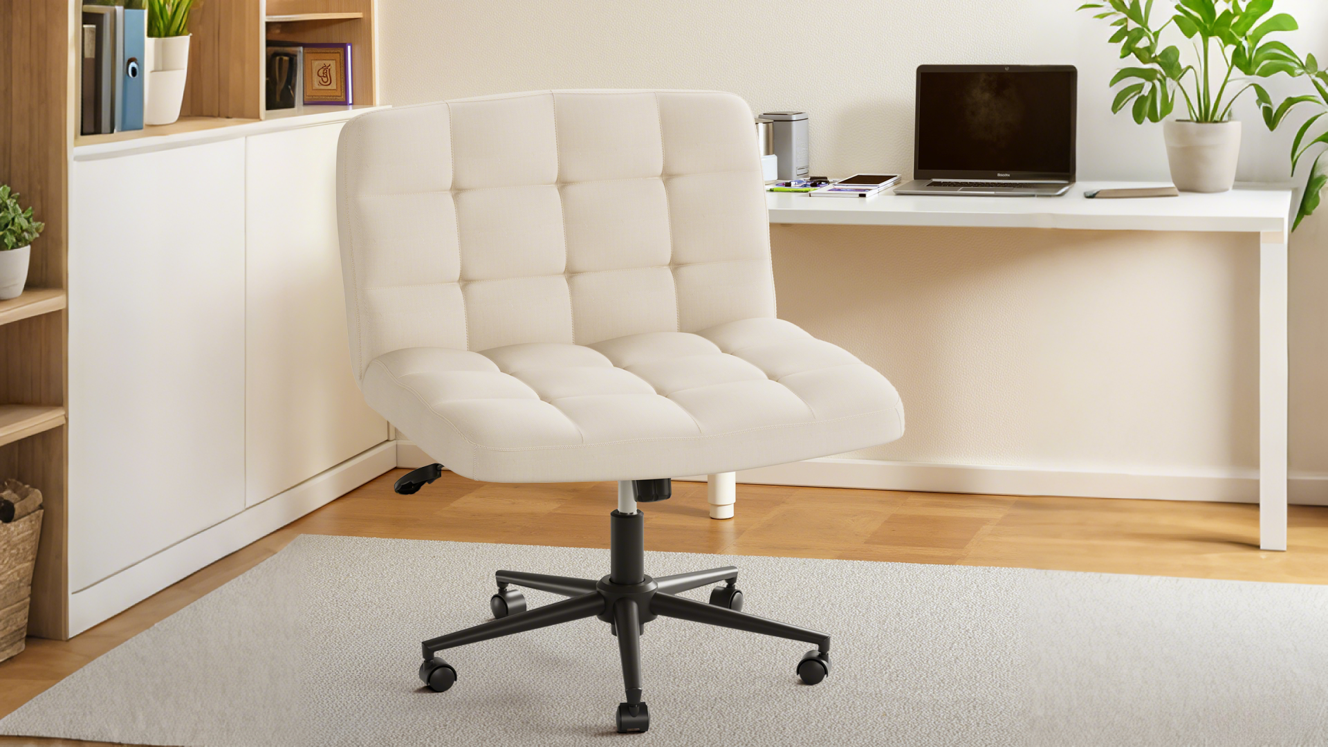 thumbnail video image 2 of TLSUNNY Swivel Criss Cross Legged Chair with Wheels, Armless Home Office Chair, Height Adjustable for Desk/Vanity, 2 of 10