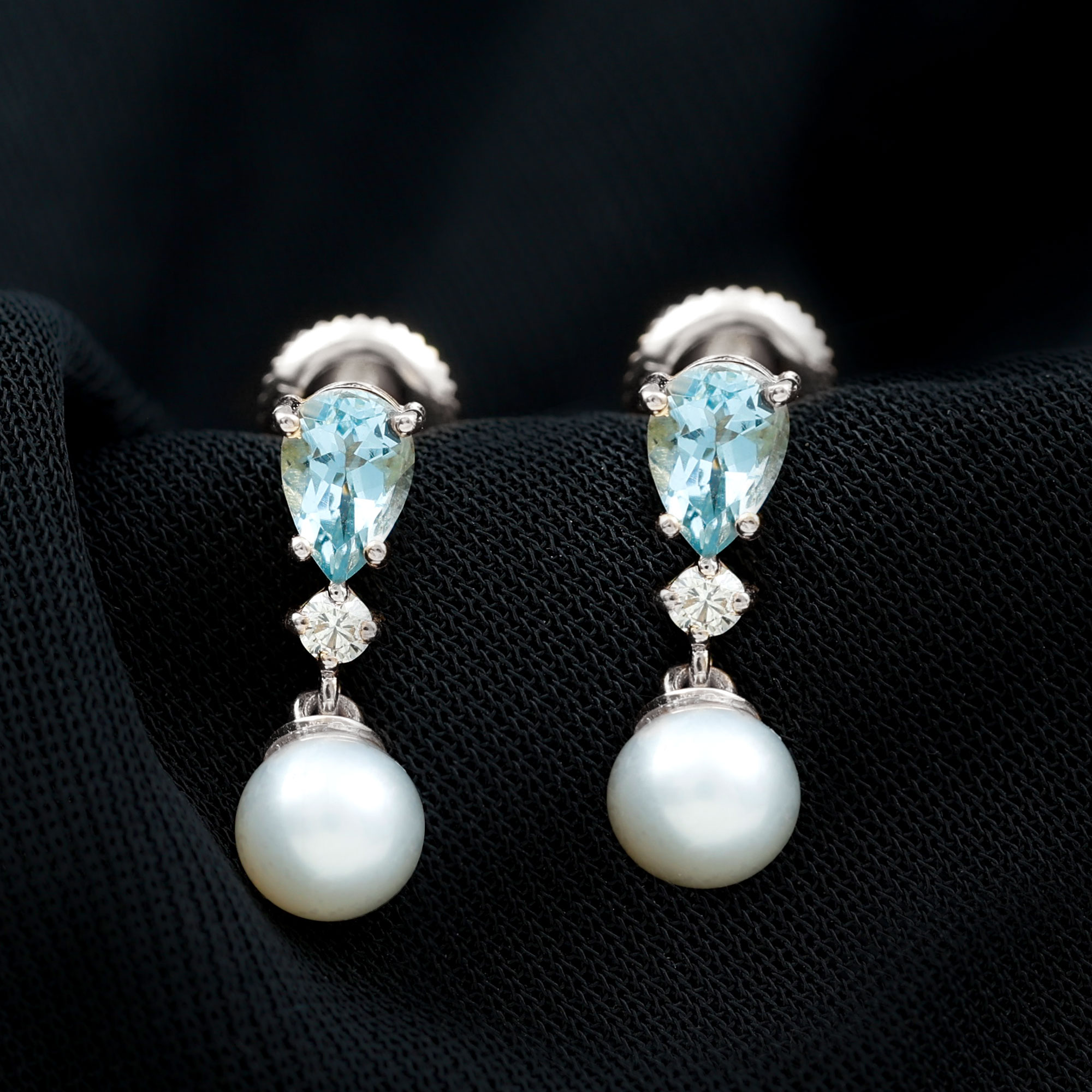 thumbnail video image 2 of Rosec Jewels 3.5 CT Aquamarine and Moissanite Dangle Earrings with Freshwater Pearl Drop, 18K White Gold, 2 of 8
