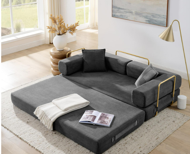 thumbnail video image 2 of CKEASEAN 4-in-1 Folding Convertible Floor Sofa Bed, 78" Oversized Compression Sofa, No Assembly Required, King Futon Lazy Couch Corduroy Loveseat Sleeper with Pull Out Bed Modular Futon Couch, 2 of 10