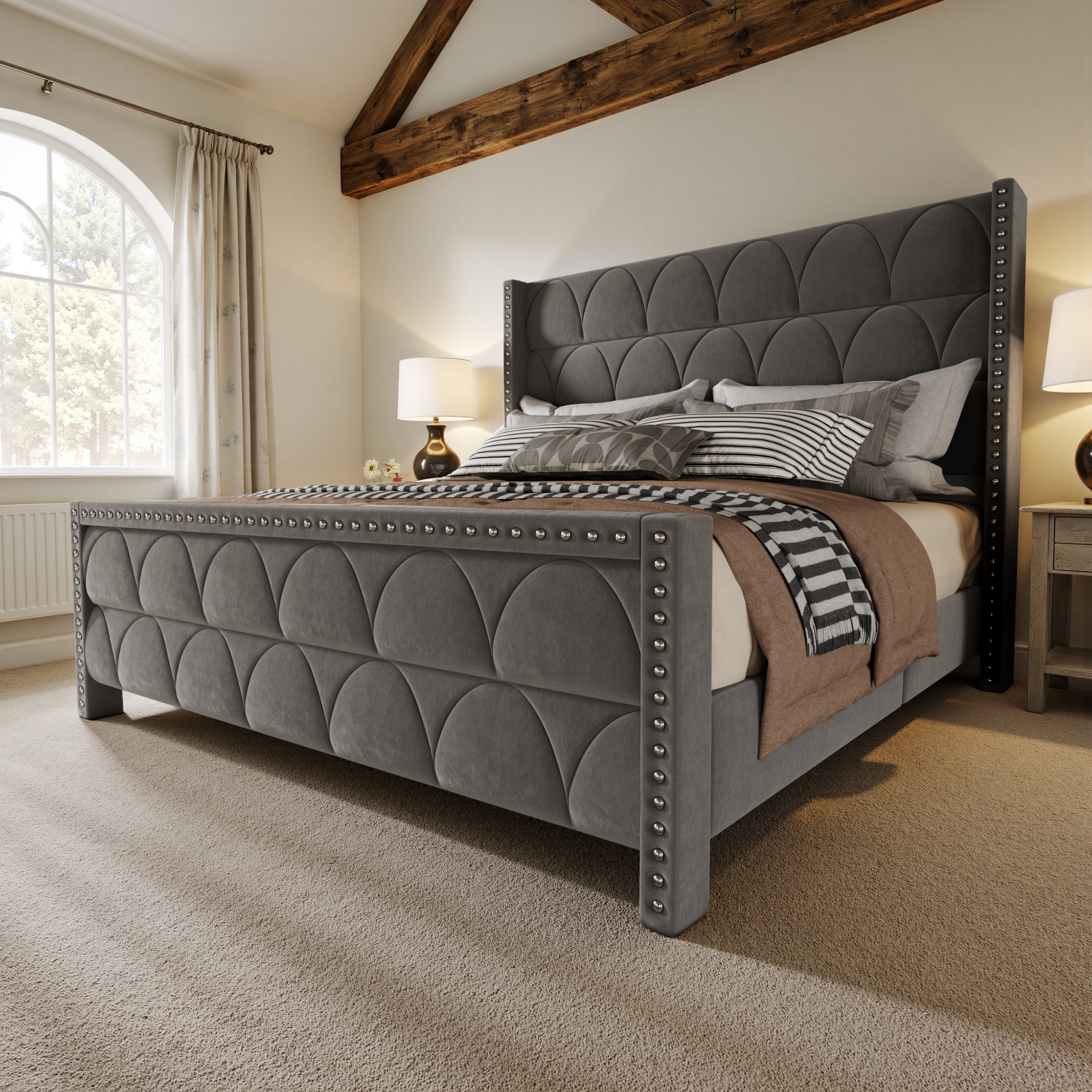 thumbnail video image 2 of 56" Velvet Upholstered Bed Frame with Wingback Headboard, Nailhead Trim, Wood Slat Support, No Box Spring Required, 2 of 10