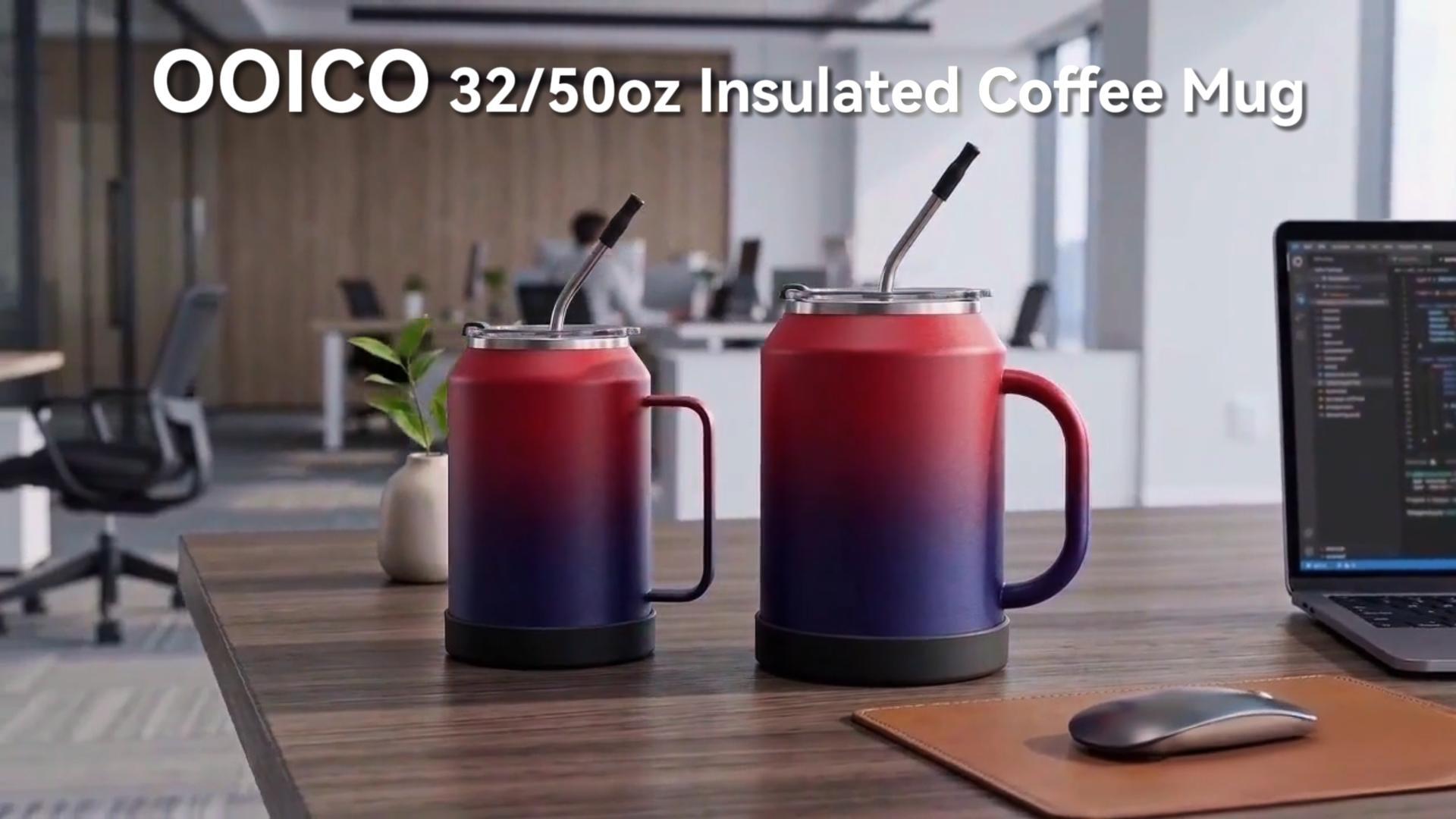 thumbnail video image 2 of 32 oz Coffee Mug Insulated Tumbler with Handle and Straw, Large Stainless Steel Coffee Cup with 2-in-1 Lid, 32oz Metal Tumbler Double Wall Vacuum Water Bottle Keep Cold 36 hrs, 2 of 10