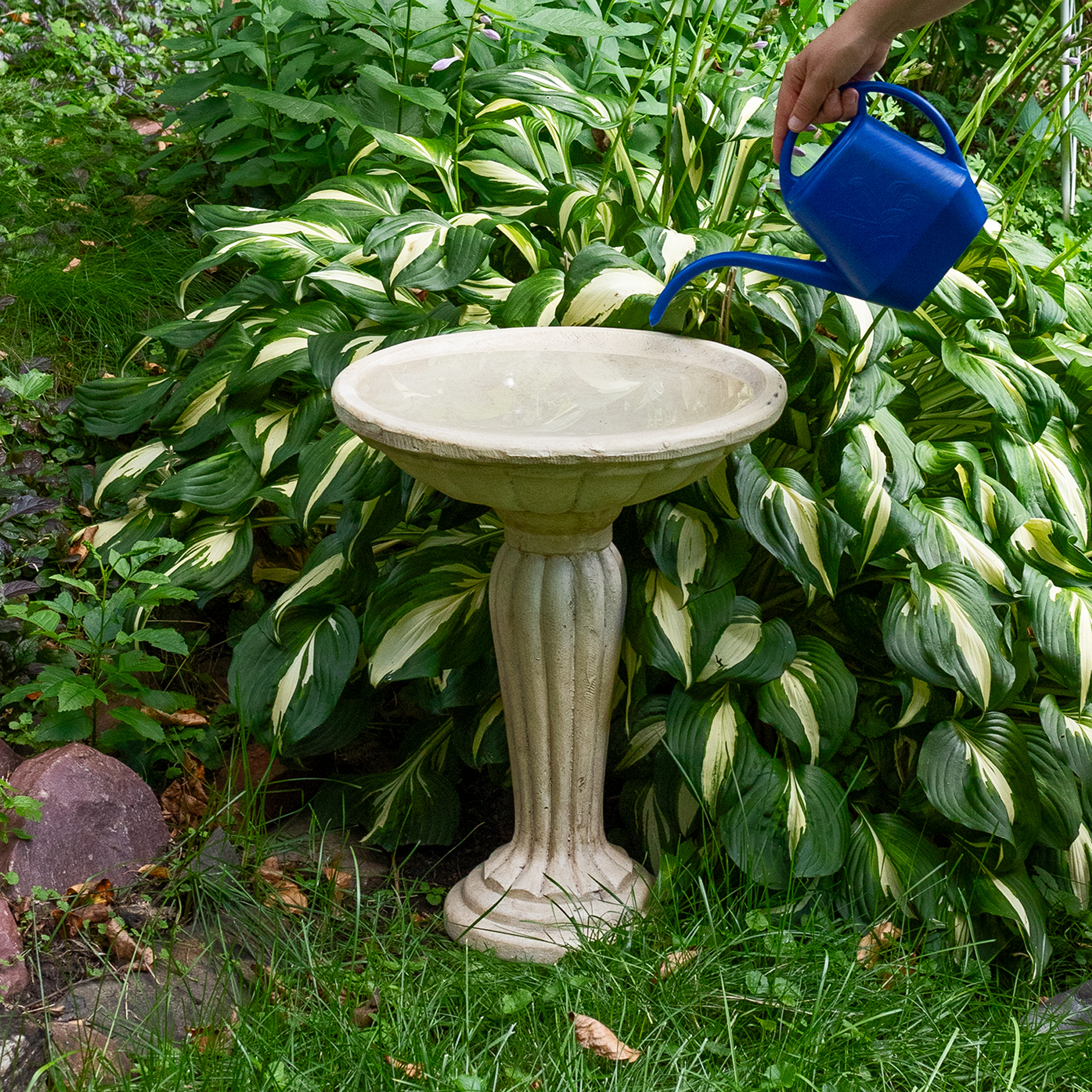 thumbnail video image 2 of Sunnydaze Grecian Column Freestanding Glass Fiber Reinforced Concrete Outdoor Bird Bath, White, 2 of 17
