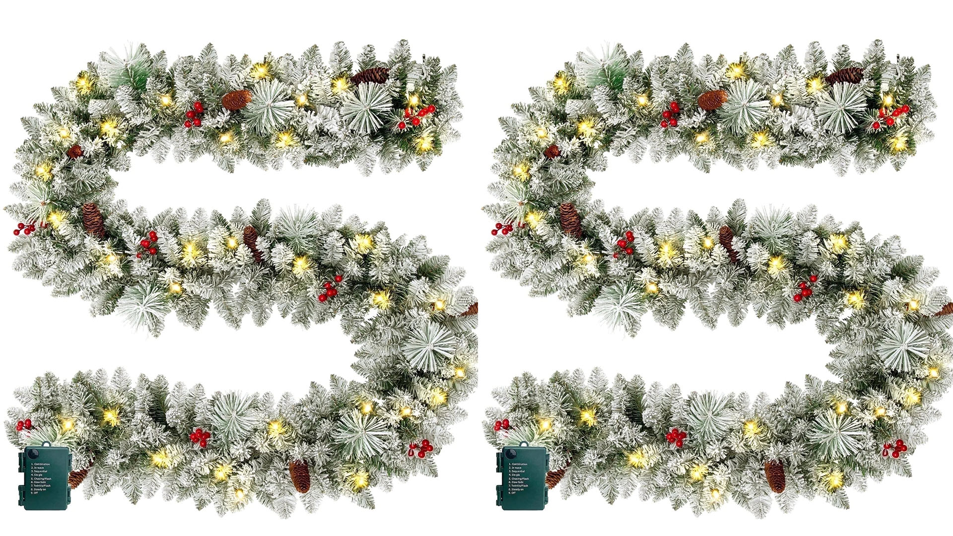 thumbnail video image 2 of 2 Pack 9ft Pre-Lit Snow Flocked Christmas Garland with 160 LED Lights w/ 8 Modes & Timer for Outdoor Indoor Xmas Decoration Fireplace Mantle Stairs Doorway Railings Decor, Battery Operated, 2 of 10