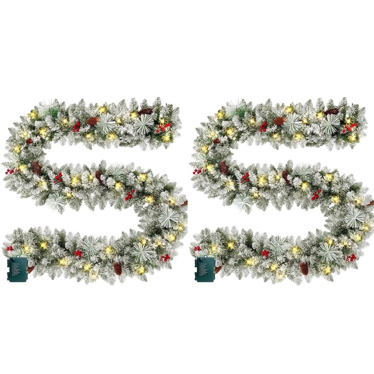 2 Pack 9ft Pre-Lit Snow Flocked Christmas Garland with 160 LED Lights w/ 8 Modes & Timer for Outdoor Indoor Xmas Decoration Fireplace Mantle Stairs Doorway Railings Decor, Battery Operated
