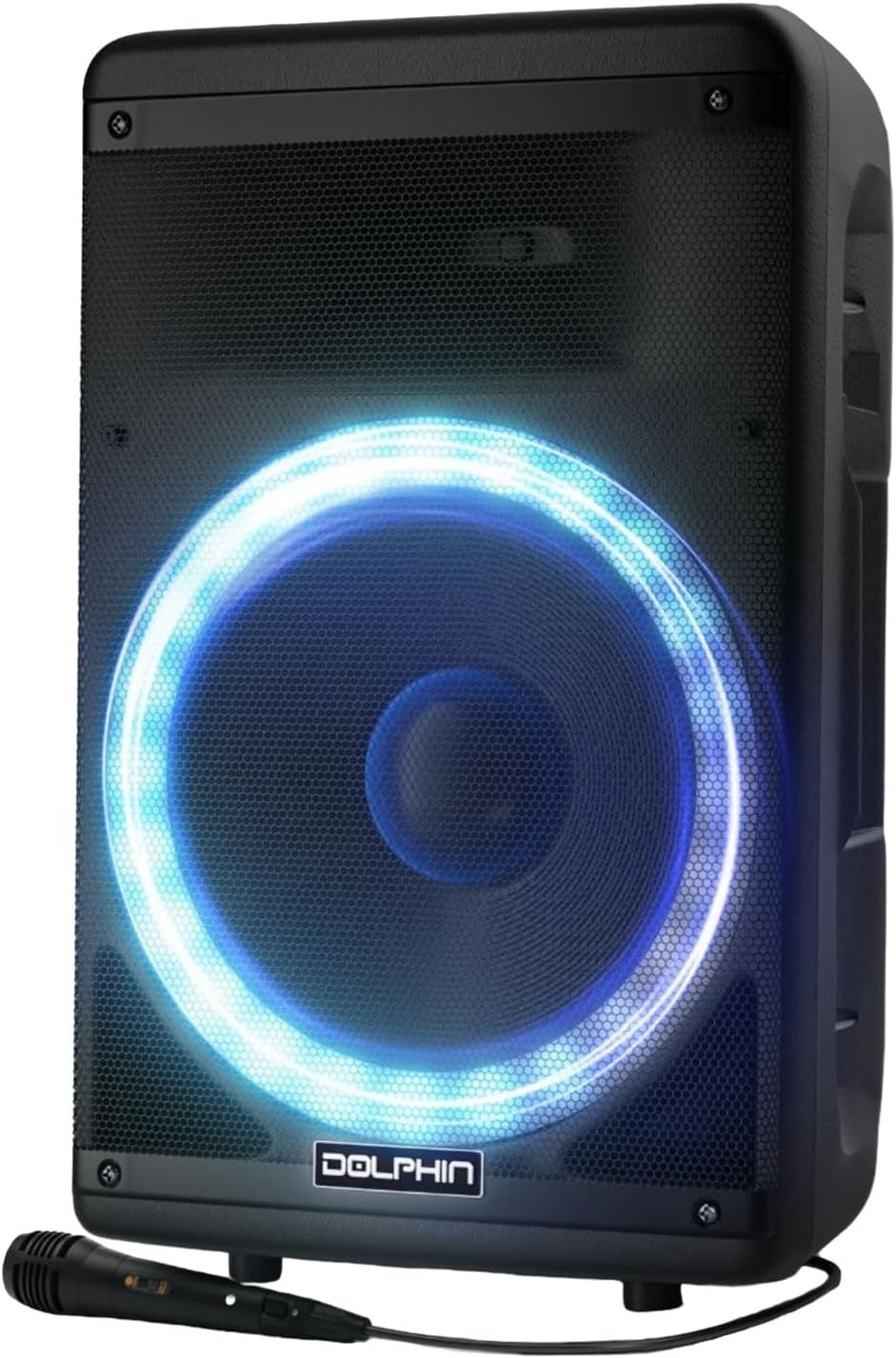 thumbnail video image 2 of Dolphin 15" High Powered Bluetooth Party Speaker – Deep Bass, Loud Sound System with LED Lights, Includes Microphone and Remote Control, 2 of 6
