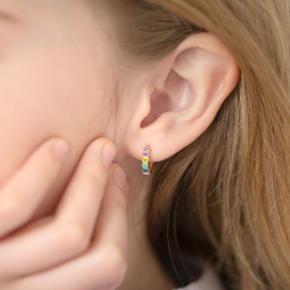 thumbnail video image 2 of 14k Gold Heart Cascade Kids / Children's / Girls Earrings Hoop Enamel, 2 of 6