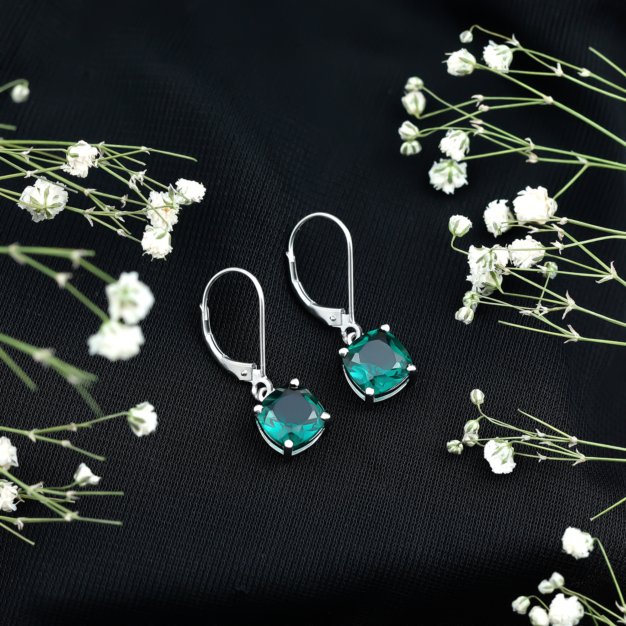 thumbnail video image 2 of Rosec Jewels Cushion Shaped Created Green Sapphire Solitaire Drop Earrings for Women - 8 mm - AAA Quality - Lever Back, 18K White Gold, 2 of 7