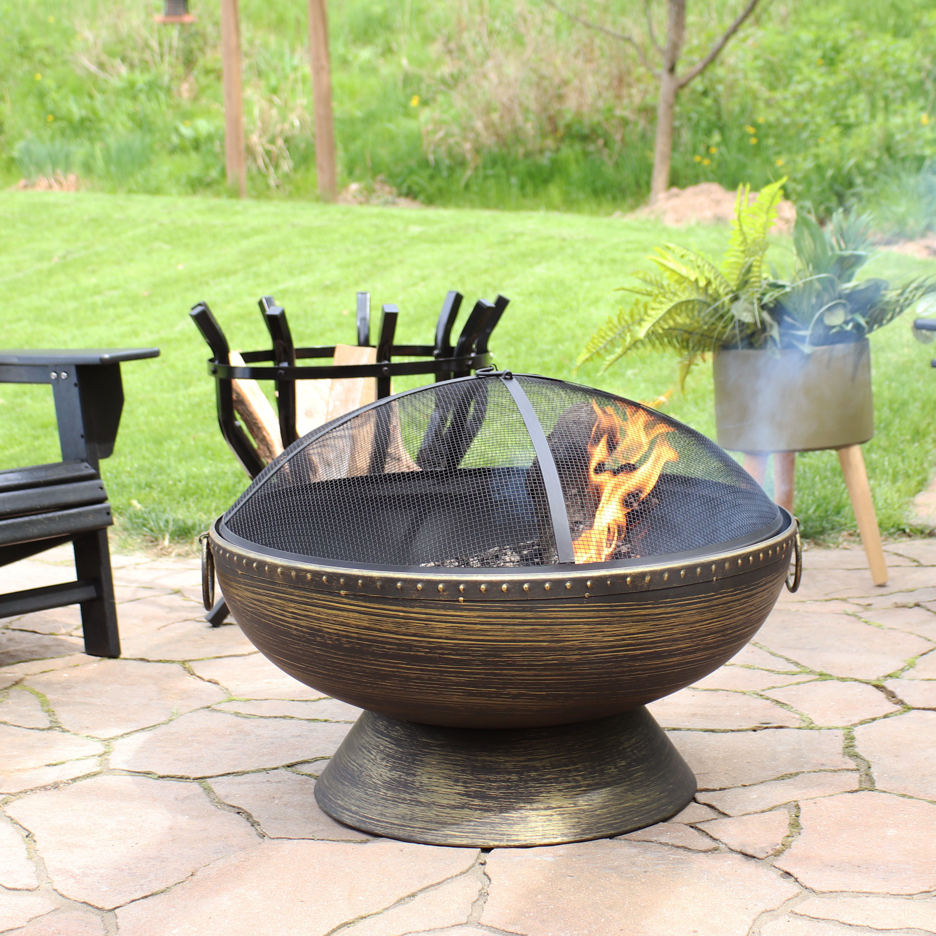 thumbnail video image 2 of Sunnydaze 30" Wood-Burning Black Finish Steel Cauldron Fire Pit Bowl with Screen, Grate, and Poker, 2 of 21