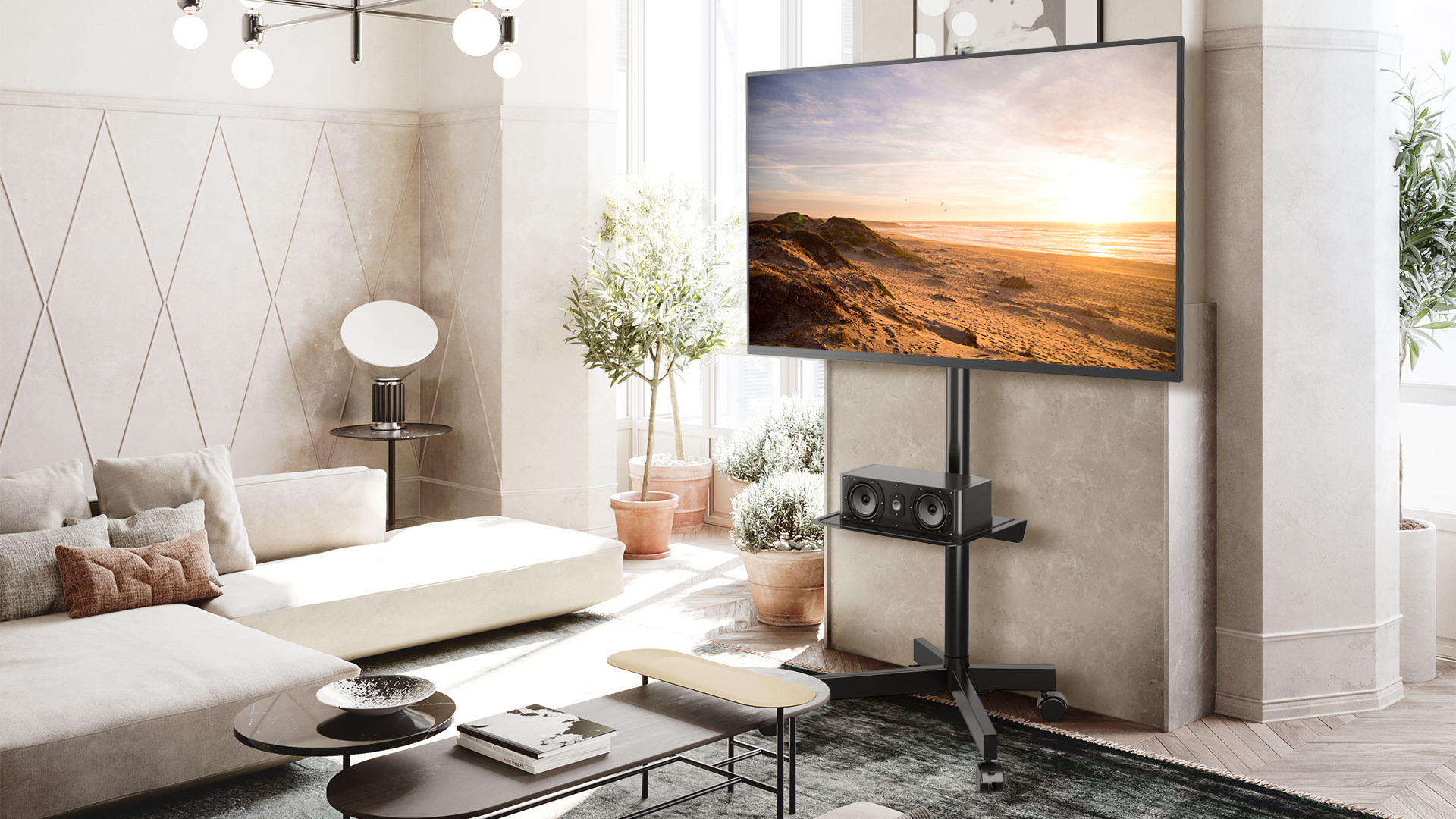 thumbnail video image 2 of RTVR Modern Rolling TV Stand Mobile TV Cart for 32 to 65 inch Flat Panel Screens, Swivel Black, 2 of 7