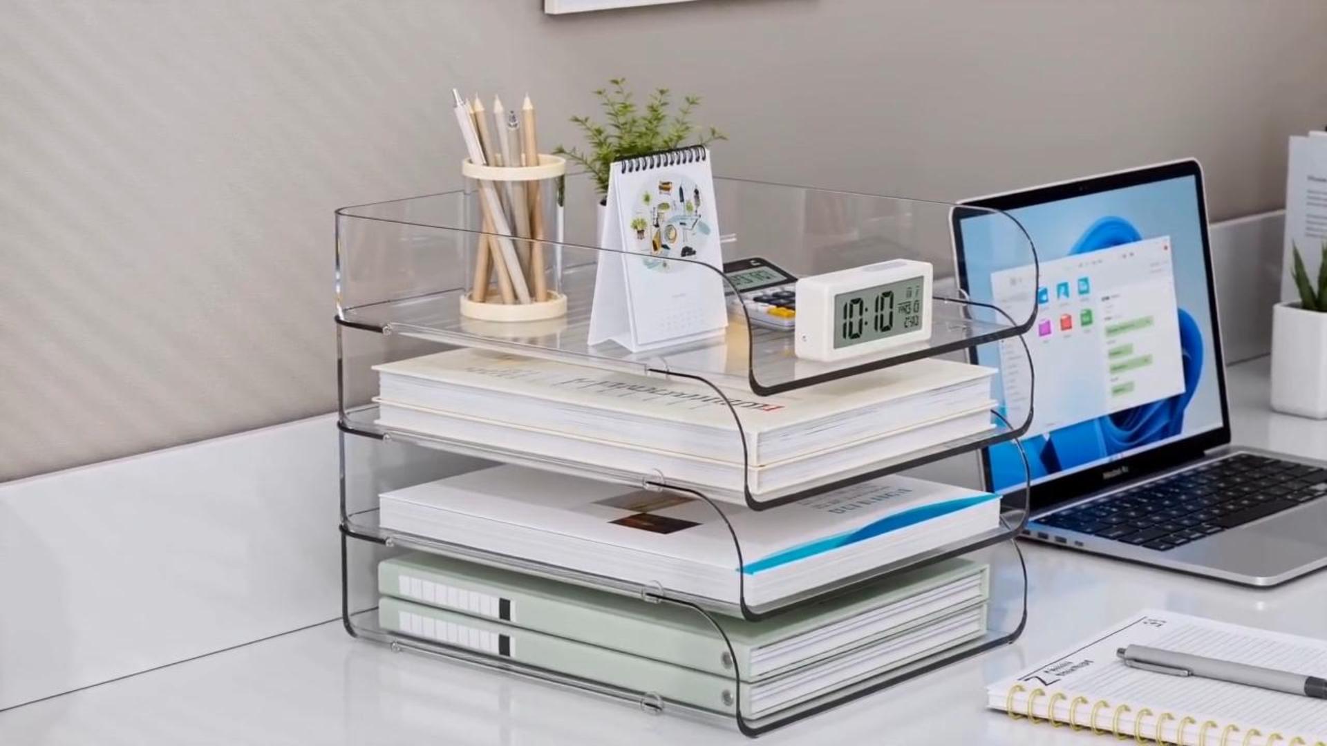 Stackable Files HIYOHIYO 4-Tier Clear Desk Organizer, Stackable Paper File Tray for ...