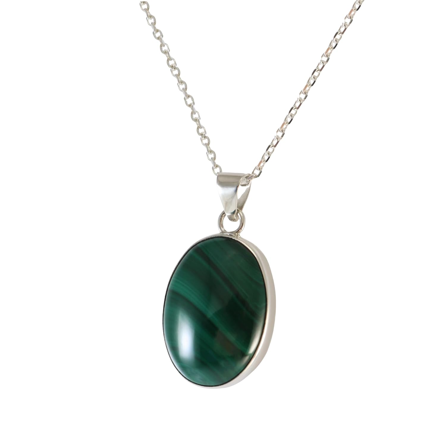 thumbnail video image 2 of Echmeck Sterling Silver 925 Natural Oval Green Malachite 15x20mm Gemstone Small Handmade Pendant Necklace 16+2 inches Chain, 2 of 10