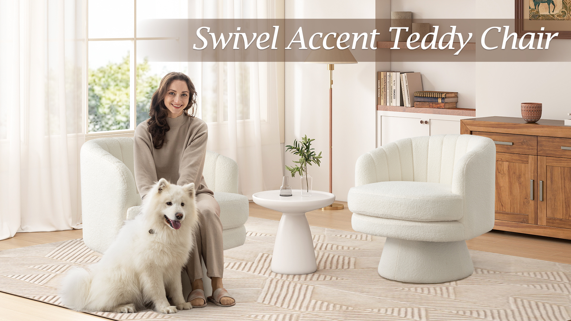 thumbnail video image 2 of Bonzy Home 29" Swivel Chair, 360° Modern Barrel Rotating Sherpa Teddy Fabric Accent Chair with Curved Back, Plush Cushion & Armrests for Living Room, Bedroom, Beige, 2 of 10