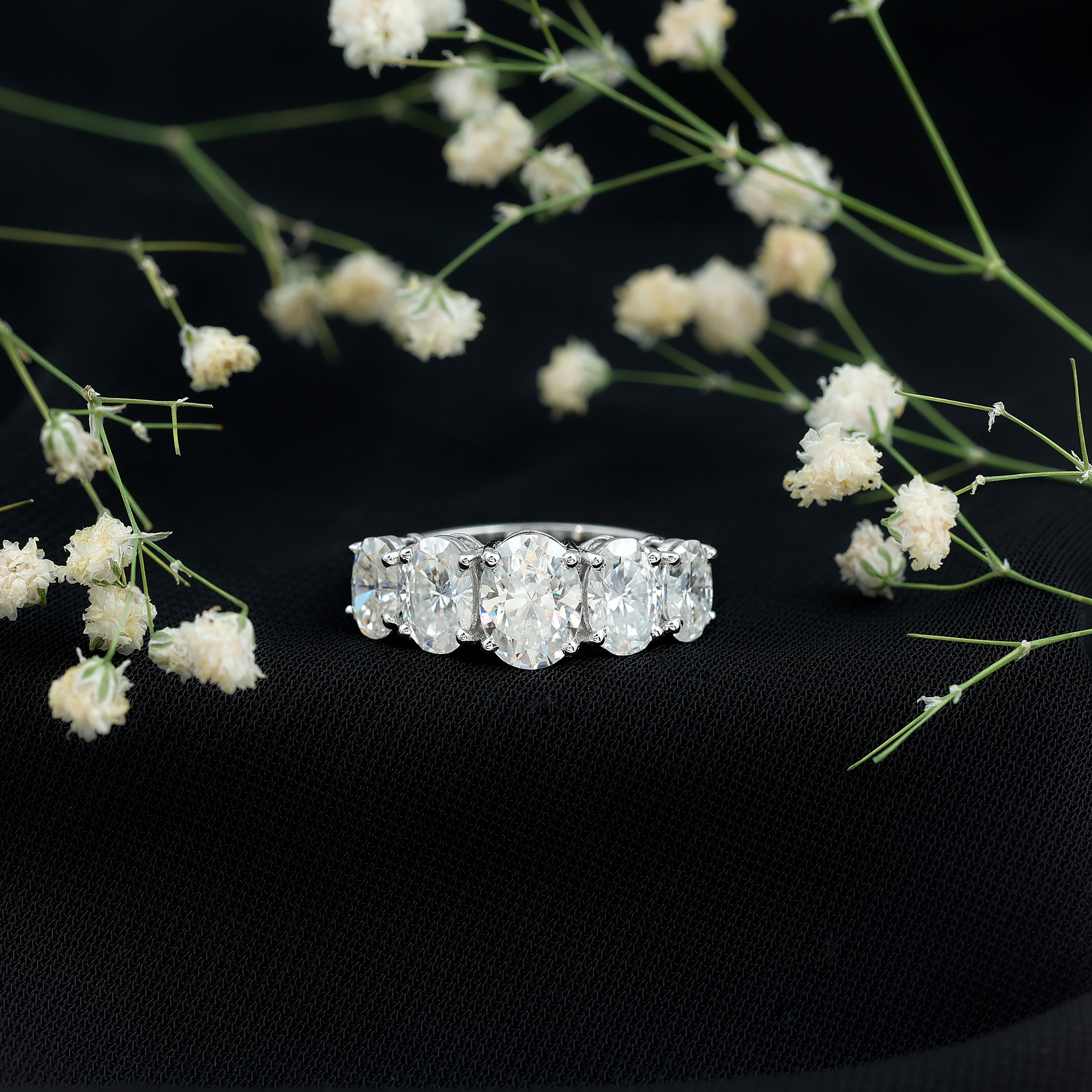 thumbnail video image 2 of Rosec Jewels 4 CT Oval Cut Moissanite Engagement Ring for Women, Certified Moissanite Five Stone Ring in Gold, 18K Yellow Gold, US 5.00, 2 of 9