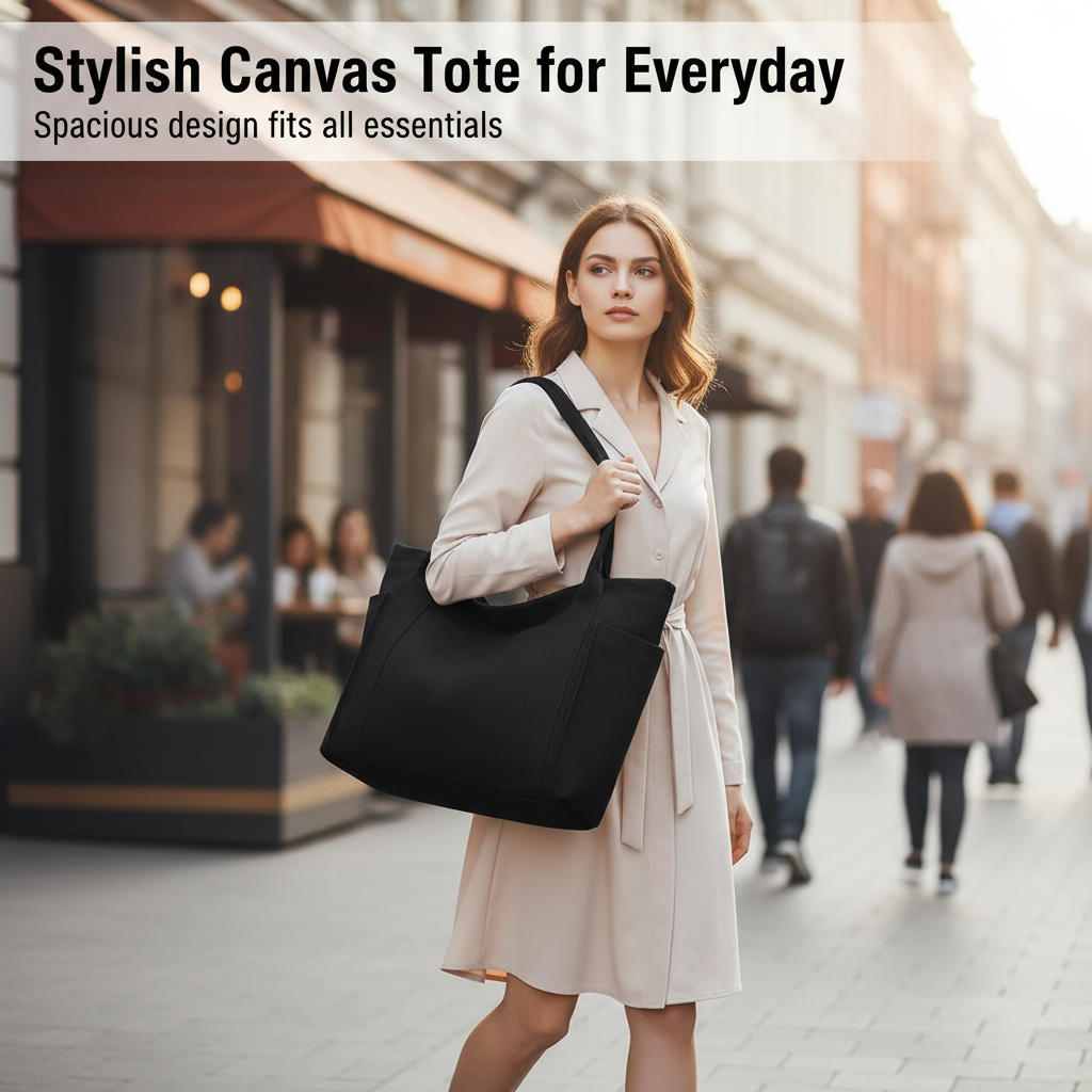 thumbnail video image 2 of WANDF Large Tote Bag for Women with Compartments,Durable Canvas Totes with Bottle Pockets,Ladies Sling Shoulder Handbags Purse Laptop Bag for Travel, Work,Gym(Black Bag), 2 of 11