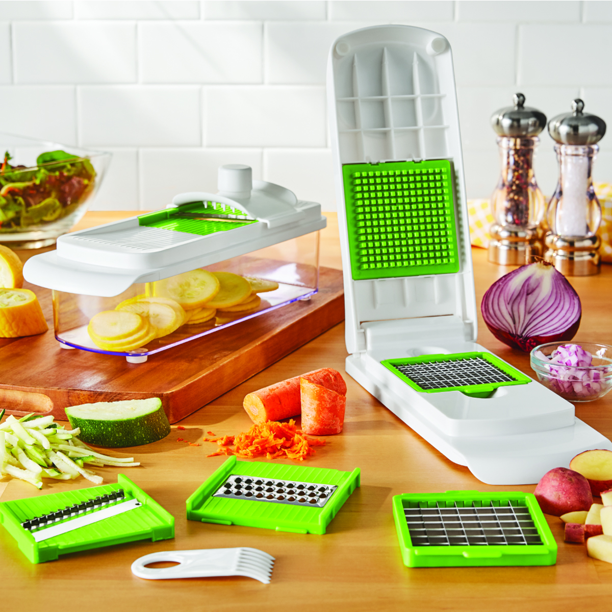thumbnail video image 3 of Mainstays 11 Pieces Multi-Function Nice Dicer and Mandoline, Stainless Steel, Green Glaze, 820g, 3 of 10