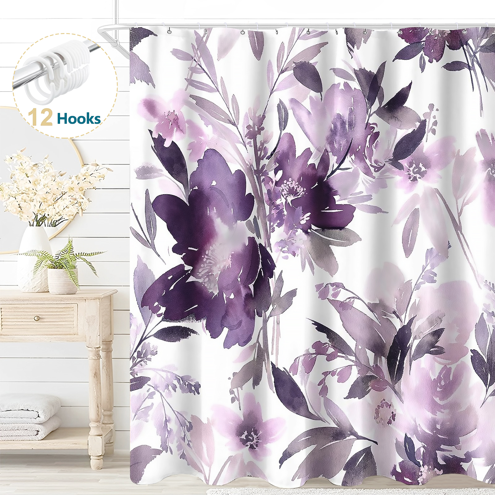 thumbnail video image 2 of Dznils Purple Floral Fabric Shower Curtain, Modern Watercolor Bathroom Curtain with Hooks, 72" x 72", 2 of 11