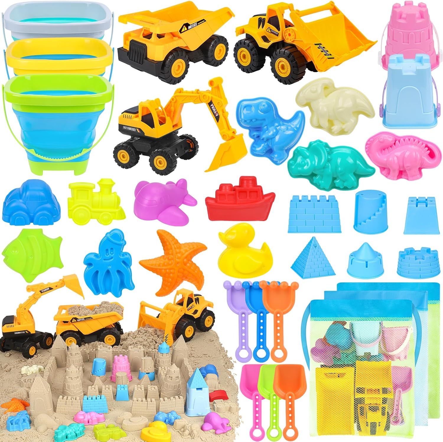 thumbnail video image 2 of KiddiTouch Sand Toys, 35Pcs Beach Toys, Sandbox Toys with 3 Truck 2 Collapsible Beach Bucket, Sand Castle Toys Kit, Animal Dinosaur Molds, Shovel Set, 2 Mesh Bag, Summer Toys for Kids Toddlers Boys G, 2 of 9
